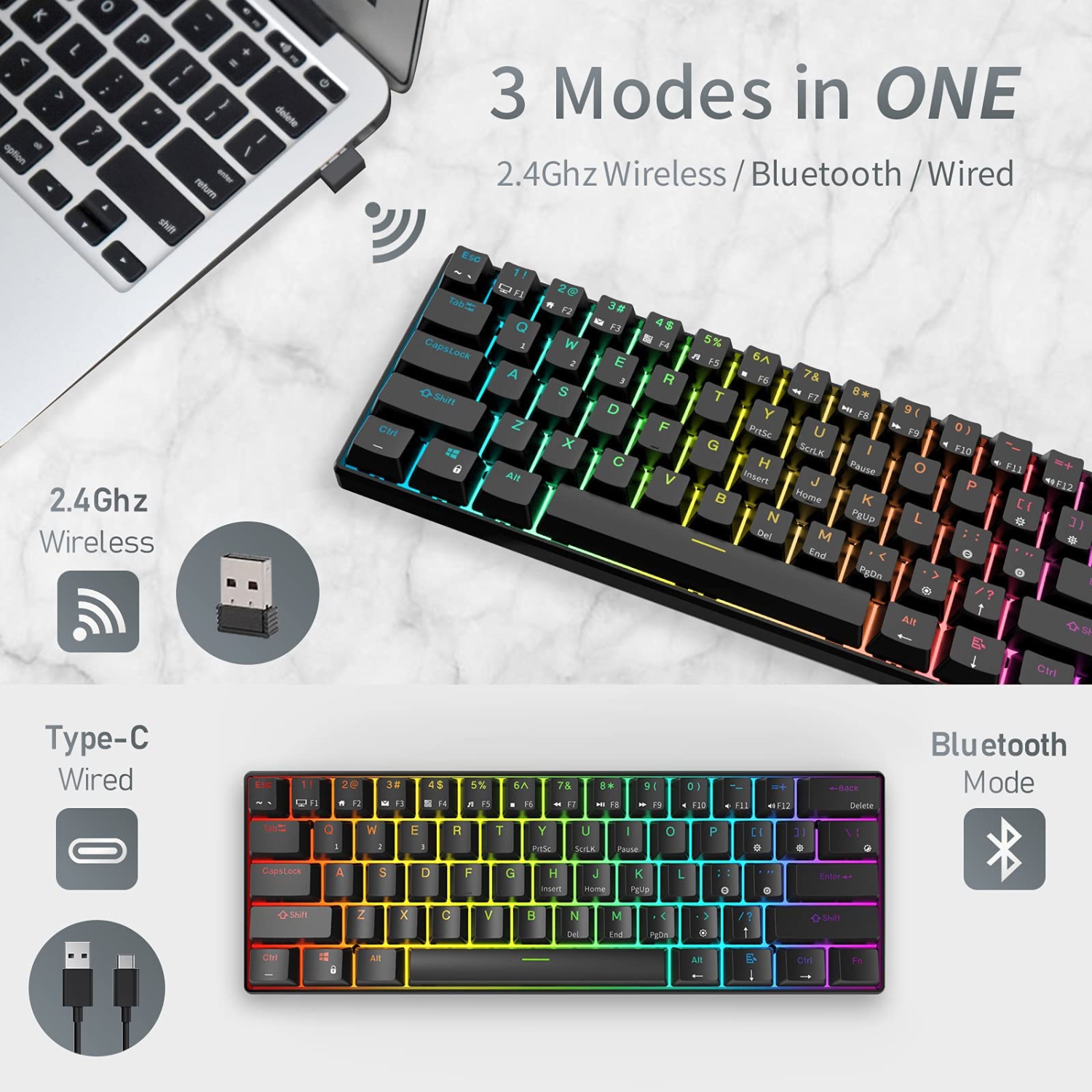 RK ROYAL KLUDGE RK61 2.4Ghz Wireless/Bluetooth/Wired 60% Mechanical Keyboard, 61 Keys RGB Hot Swappable Red Switch Gaming Ke