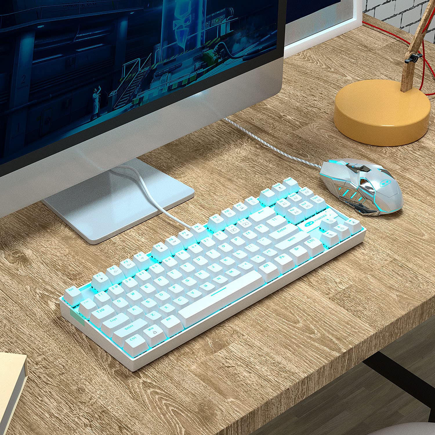 Clavier de jeu mécanique blanc, clavier rétroéclairé DEL compact 87 touches TKL avec fil et commutateurs bleus pour ordinateur de jeu de portable