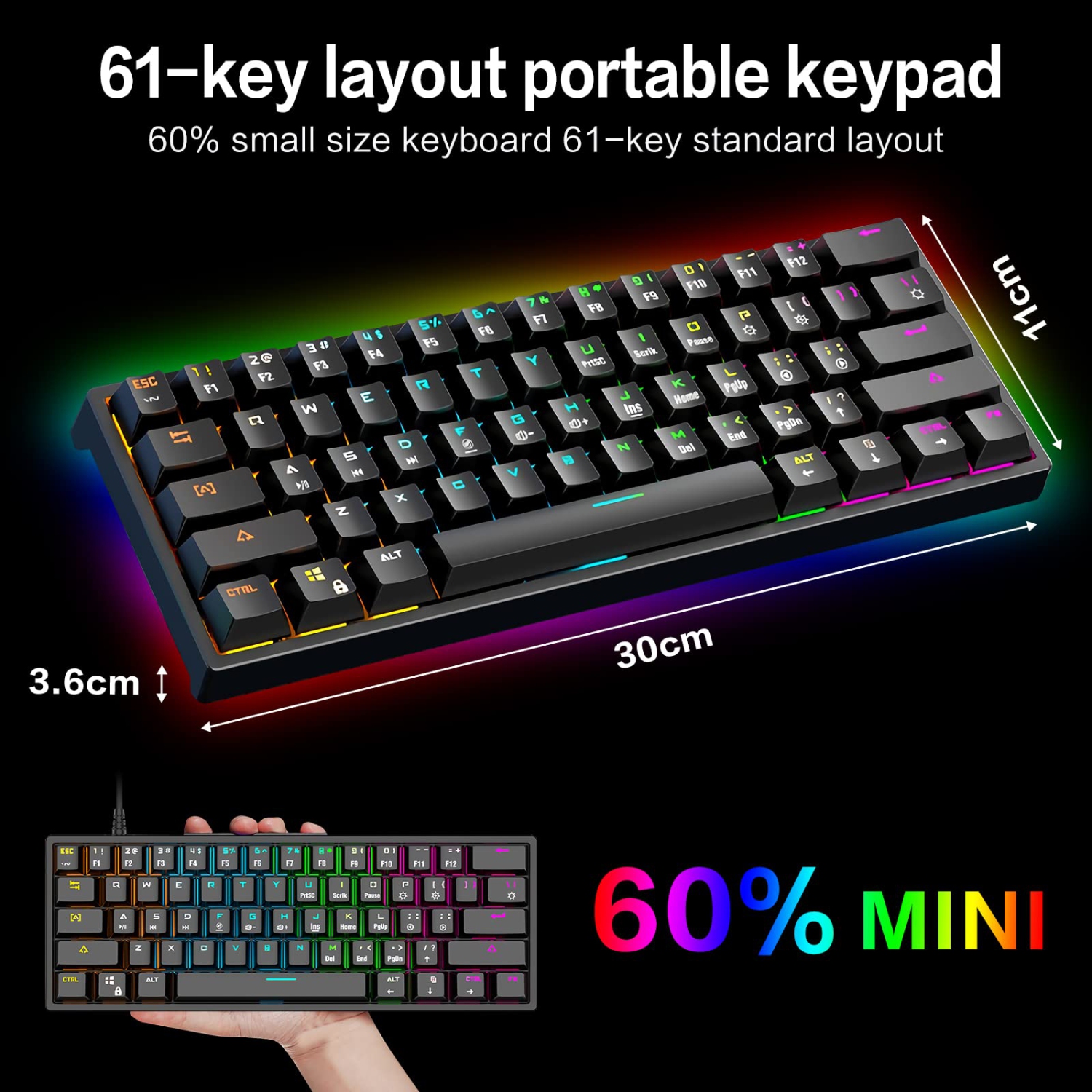 60% Mechanical Gaming Keyboard - 61 Keys USB Ergonomic Keyboard with 9 Colors RGB Adjustable Backlights Compatible with All