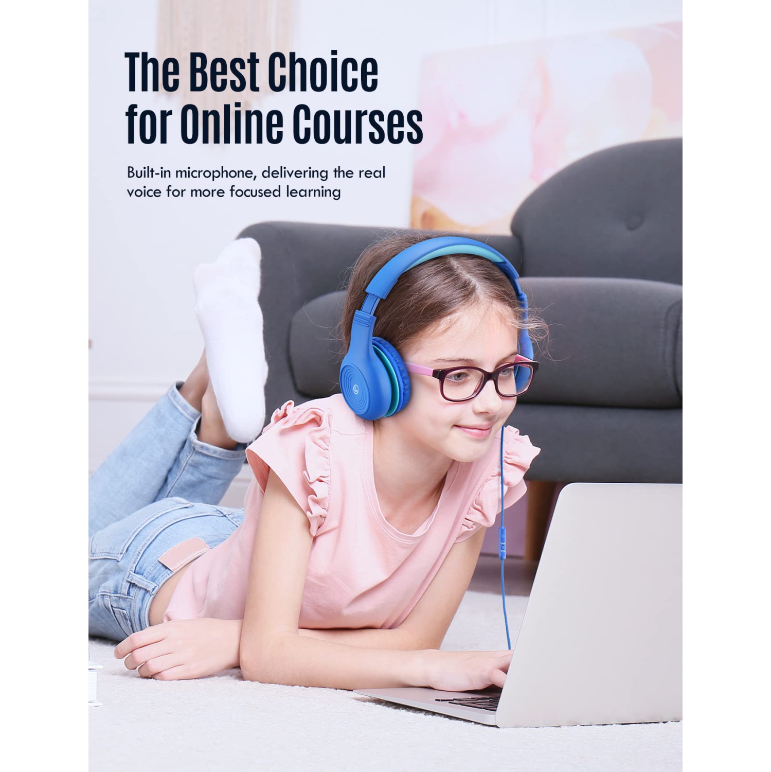 VotYoung – Écouteurs pour enfants avec microphone pour l’école, casque d’écoute avec fil avec limite de volume de 85/94 dB, écouteurs pour filles