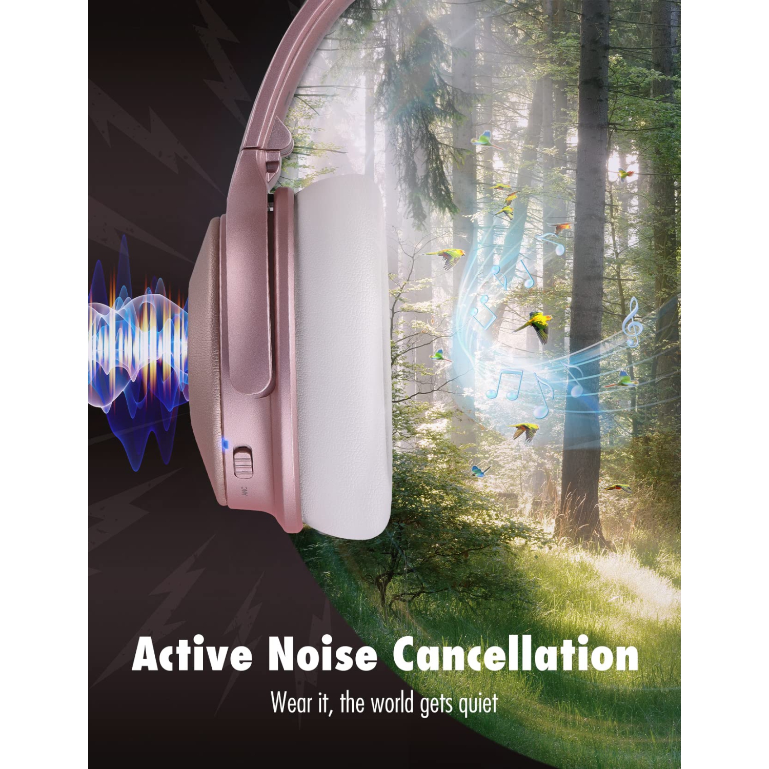 Pink Active Noise Cancelling Headphones, Bluetooth Headphones w/Mics, 45H Playtime USB-C Fast Charge, Deep Bass, BT 5.0, Con