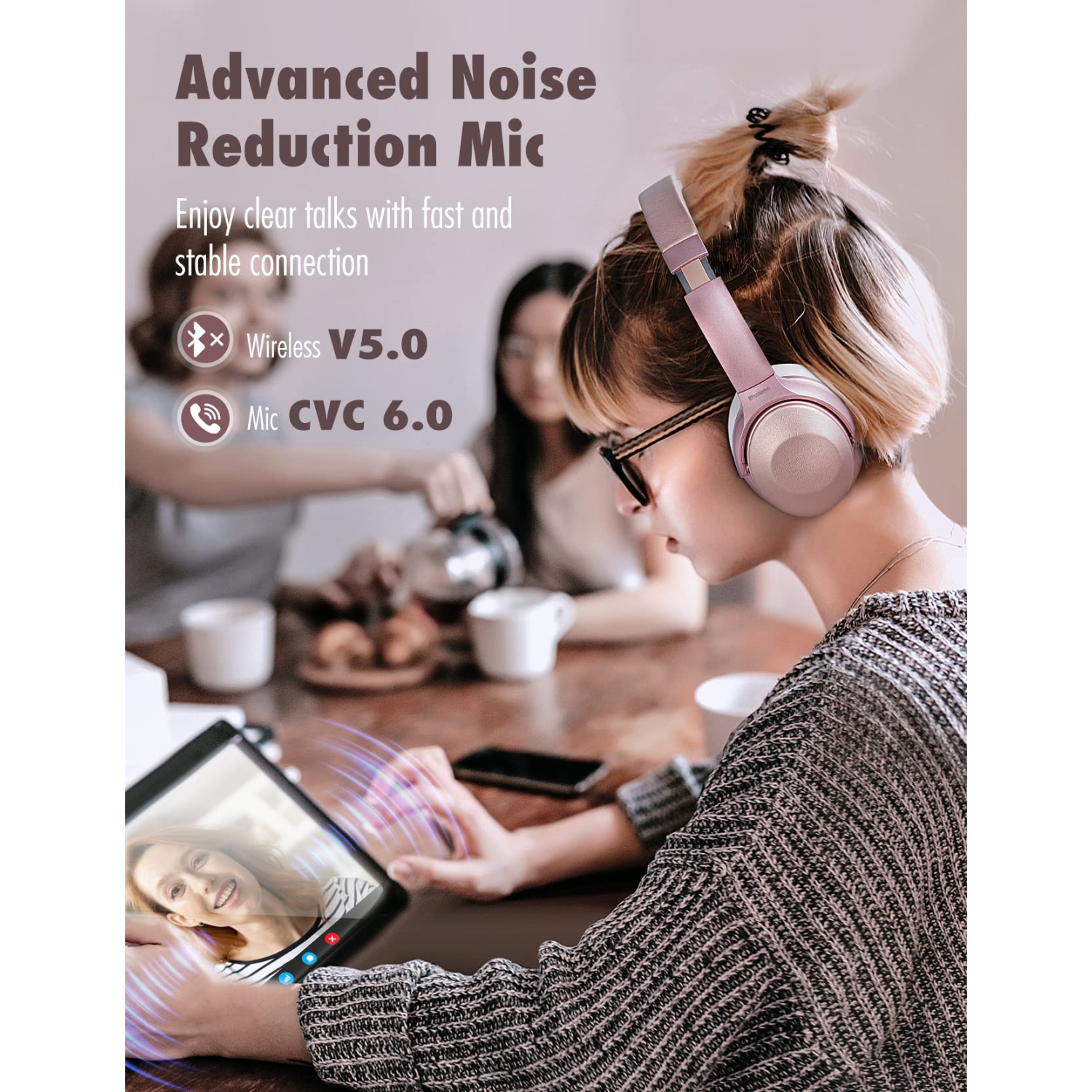 Pink Active Noise Cancelling Headphones, Bluetooth Headphones w/Mics, 45H Playtime USB-C Fast Charge, Deep Bass, BT 5.0, Con