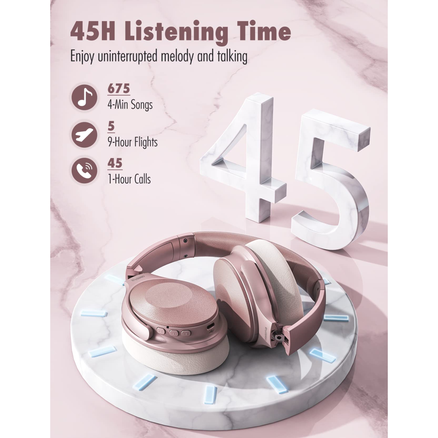 Pink Active Noise Cancelling Headphones, Bluetooth Headphones w/Mics, 45H Playtime USB-C Fast Charge, Deep Bass, BT 5.0, Con