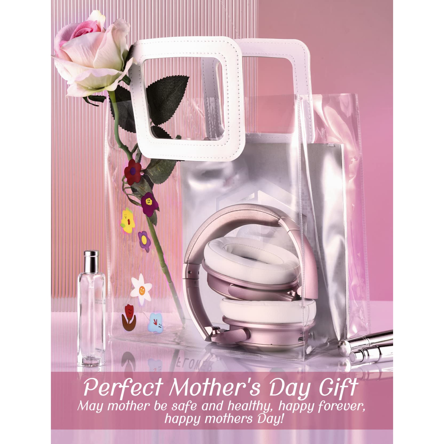 Pink Active Noise Cancelling Headphones, Bluetooth Headphones w/Mics, 45H Playtime USB-C Fast Charge, Deep Bass, BT 5.0, Con