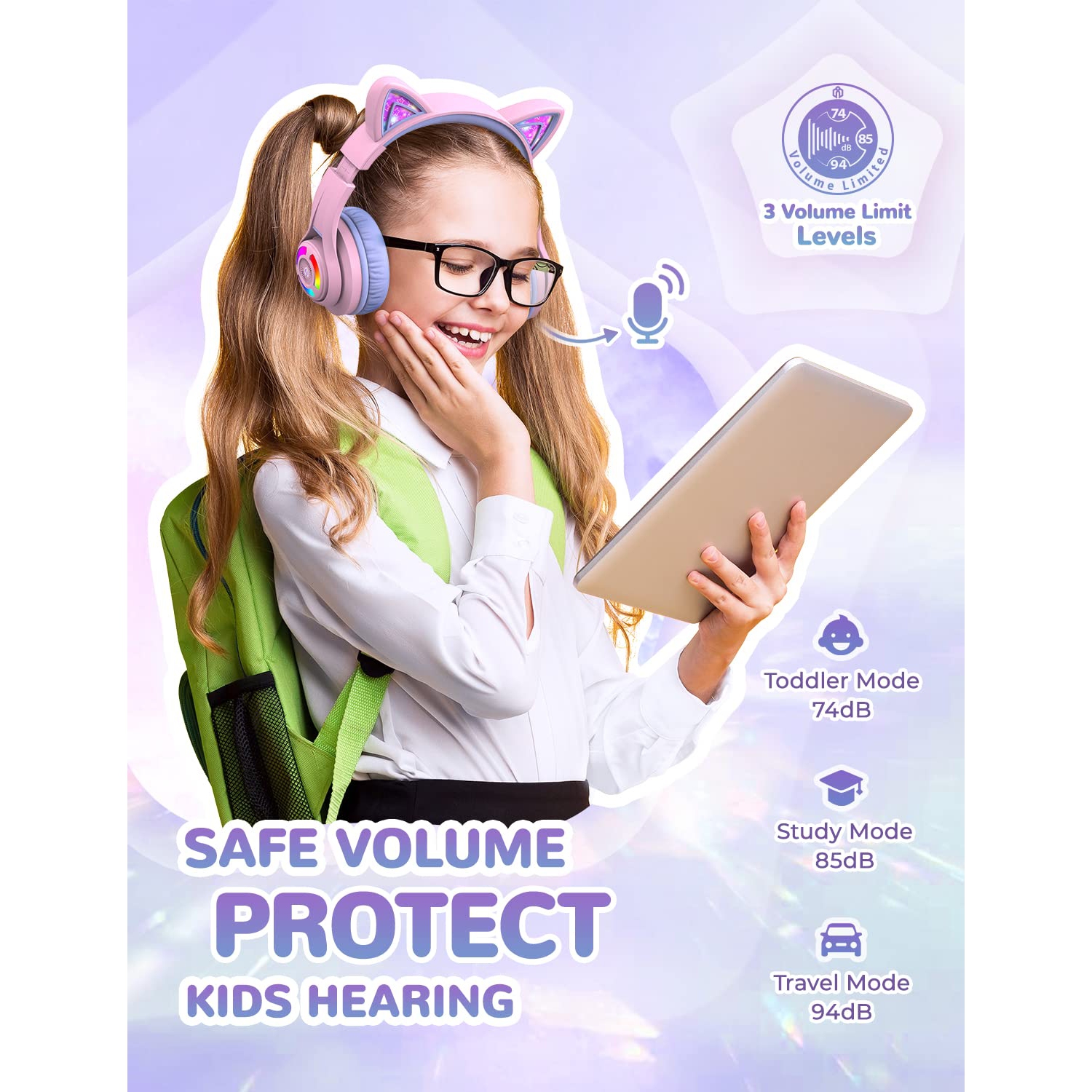 iClever BTH13 Bluetooth Headphones, Cat Ear LED Light Up Wireless Kids Headphones with Volume Limited, 45H Play