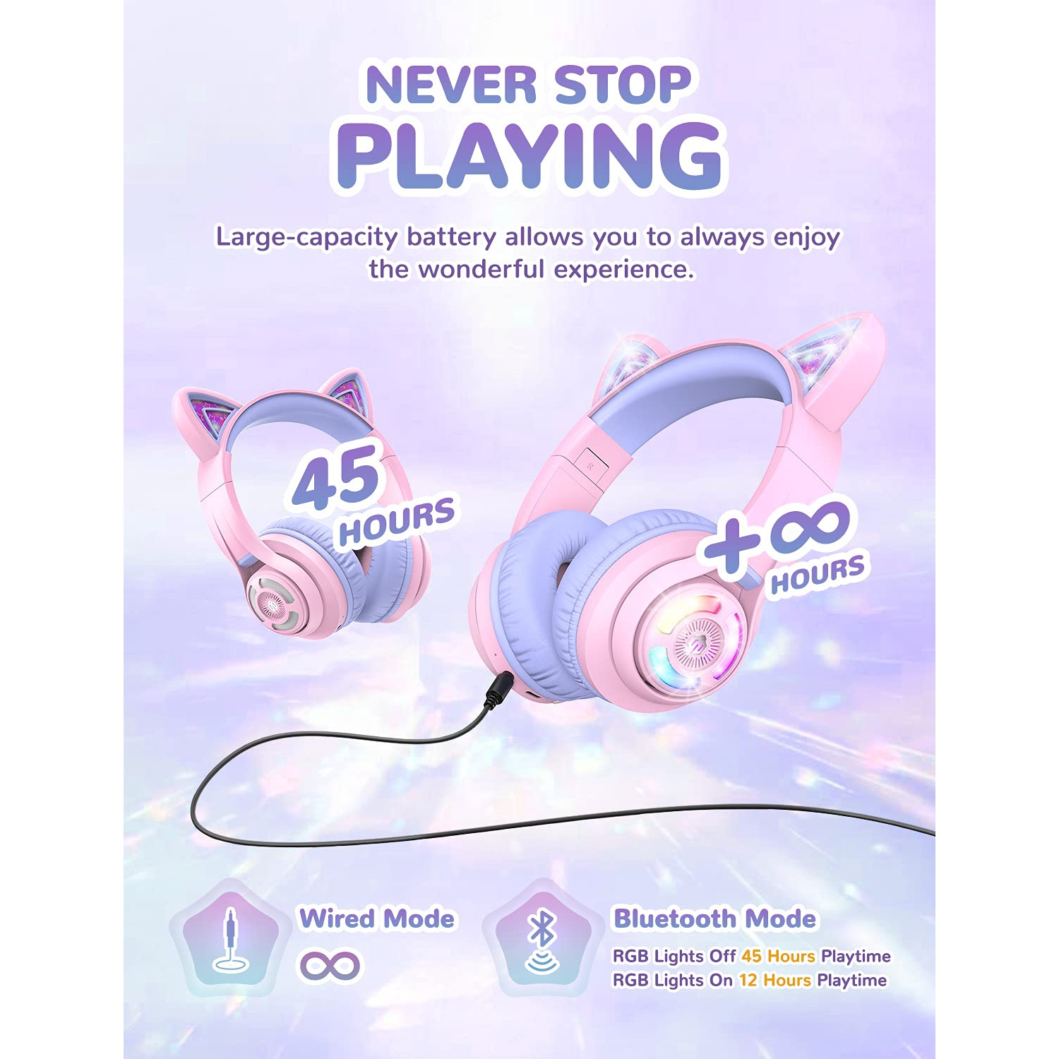 iClever BTH13 Bluetooth Headphones, Cat Ear LED Light Up Wireless Kids Headphones with Volume Limited, 45H Play