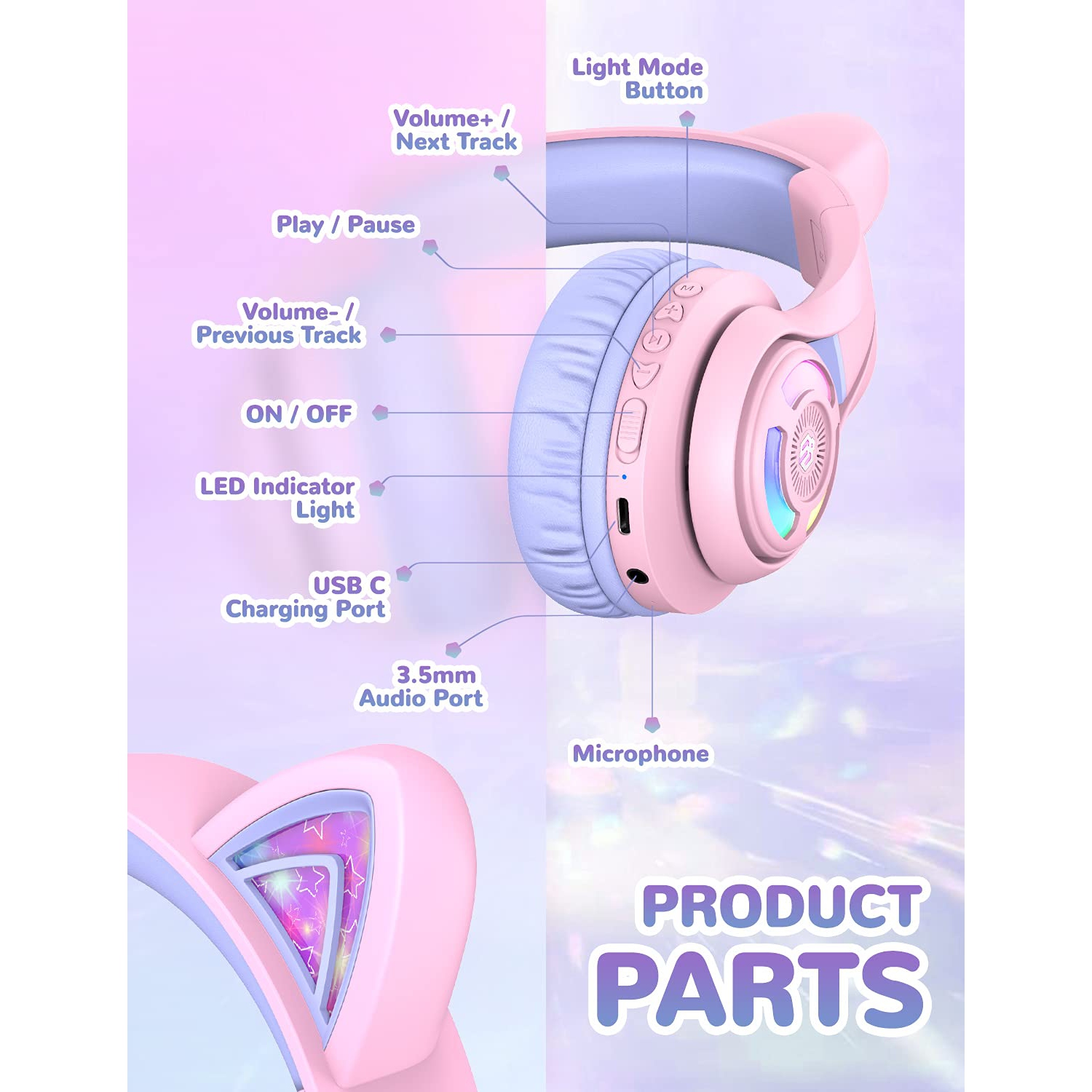 iClever BTH13 Bluetooth Headphones, Cat Ear LED Light Up Wireless Kids Headphones with Volume Limited, 45H Play