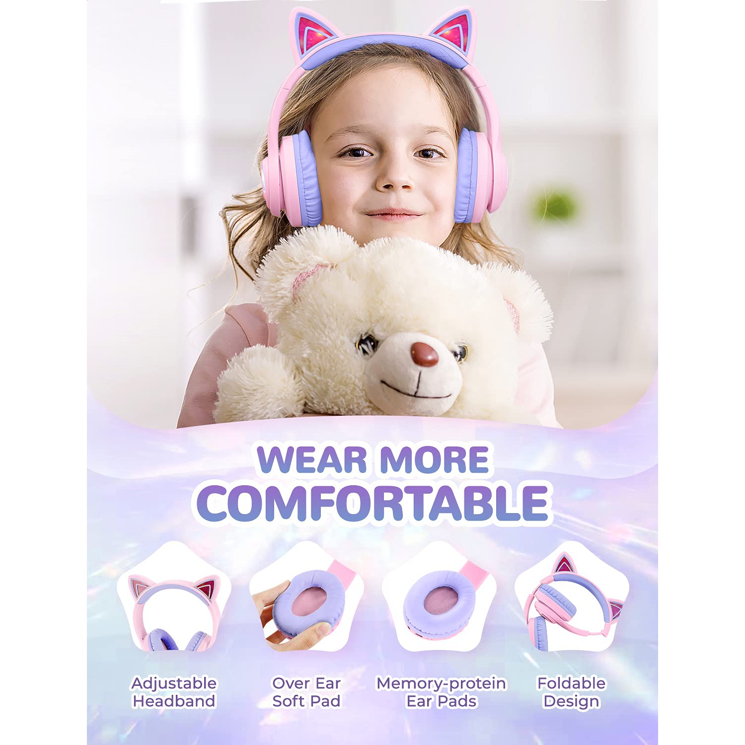 iClever BTH13 Bluetooth Headphones, Cat Ear LED Light Up Wireless Kids Headphones with Volume Limited, 45H Play