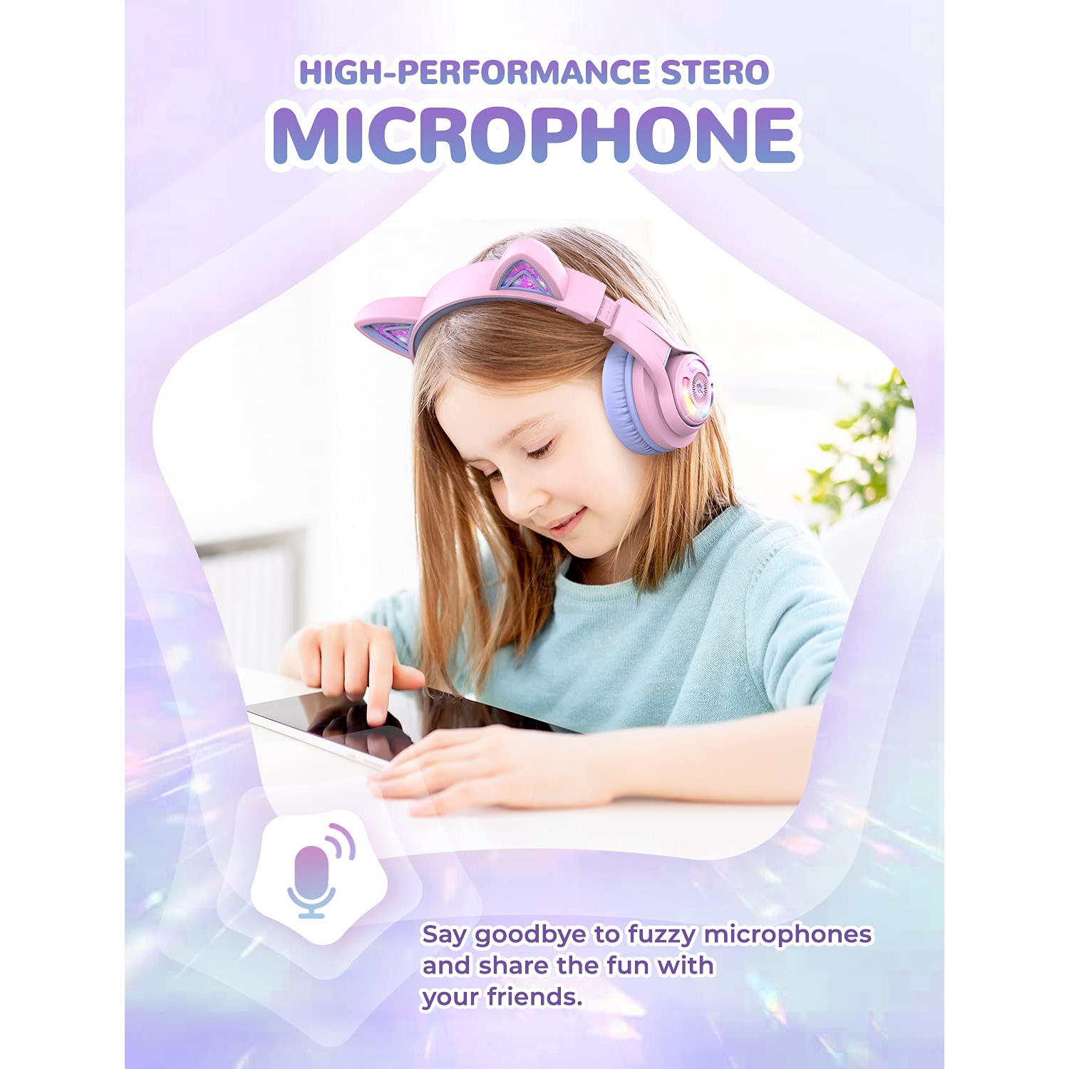 iClever BTH13 Bluetooth Headphones, Cat Ear LED Light Up Wireless Kids Headphones with Volume Limited, 45H Play