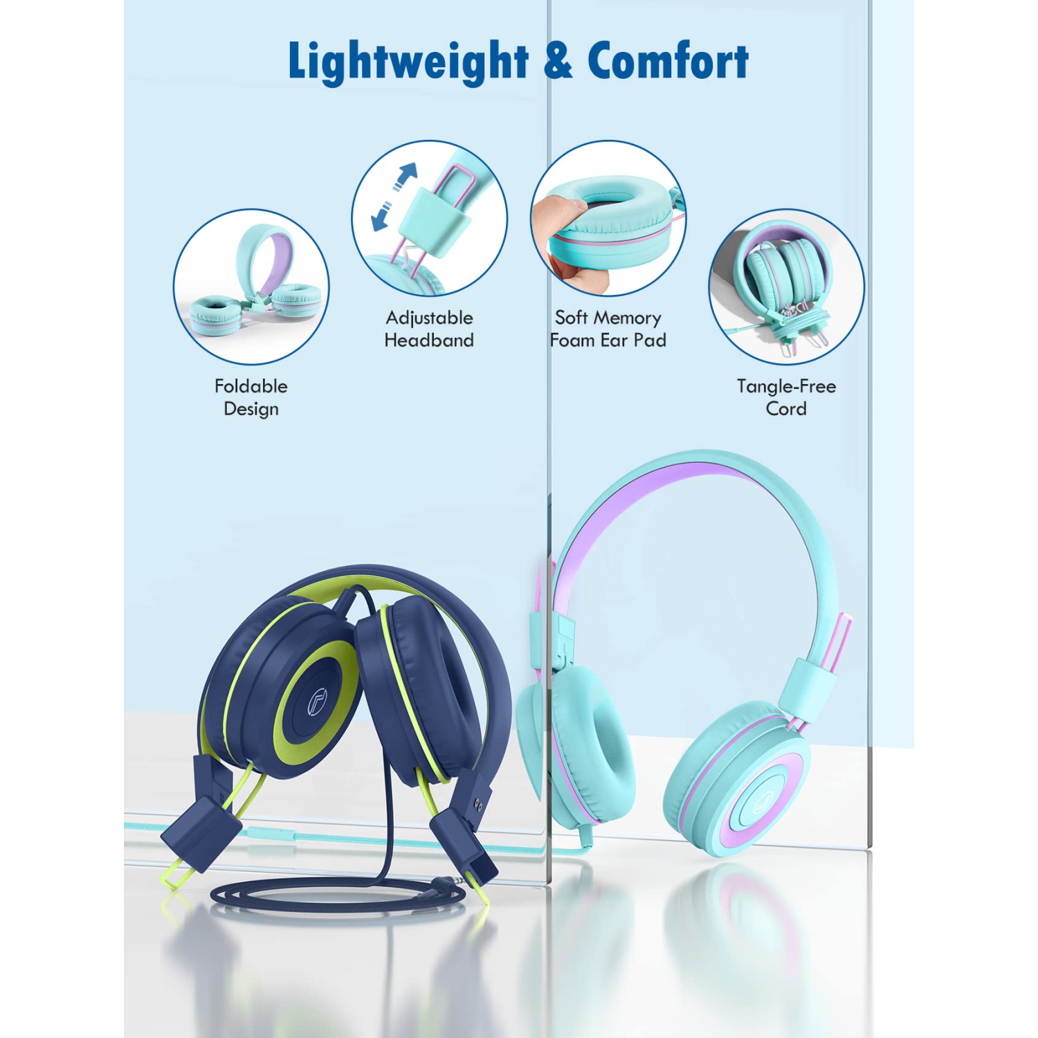 VotYoung Kids Headphones with Mic, Lightweight On Ear Headset with 91dB Volume Limit & Share Splitter for Kids Girls Boys, H