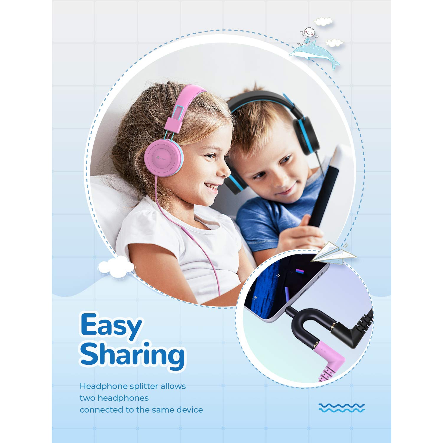 2 Pack iClever Kids Headphones with Microphone, Safe Volume Limited 85dB/94dB -Sharing Splitter- Wired Headphones for Kids