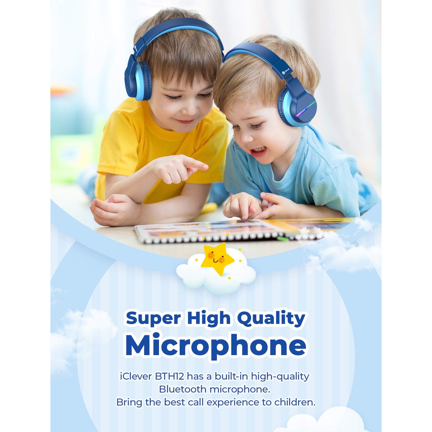 iClever BTH12 Wireless Kids Headphones, Colorful LED Lights Kids Headphones with 74/85/94dB Volume Limited Over Ear, 40H Pla