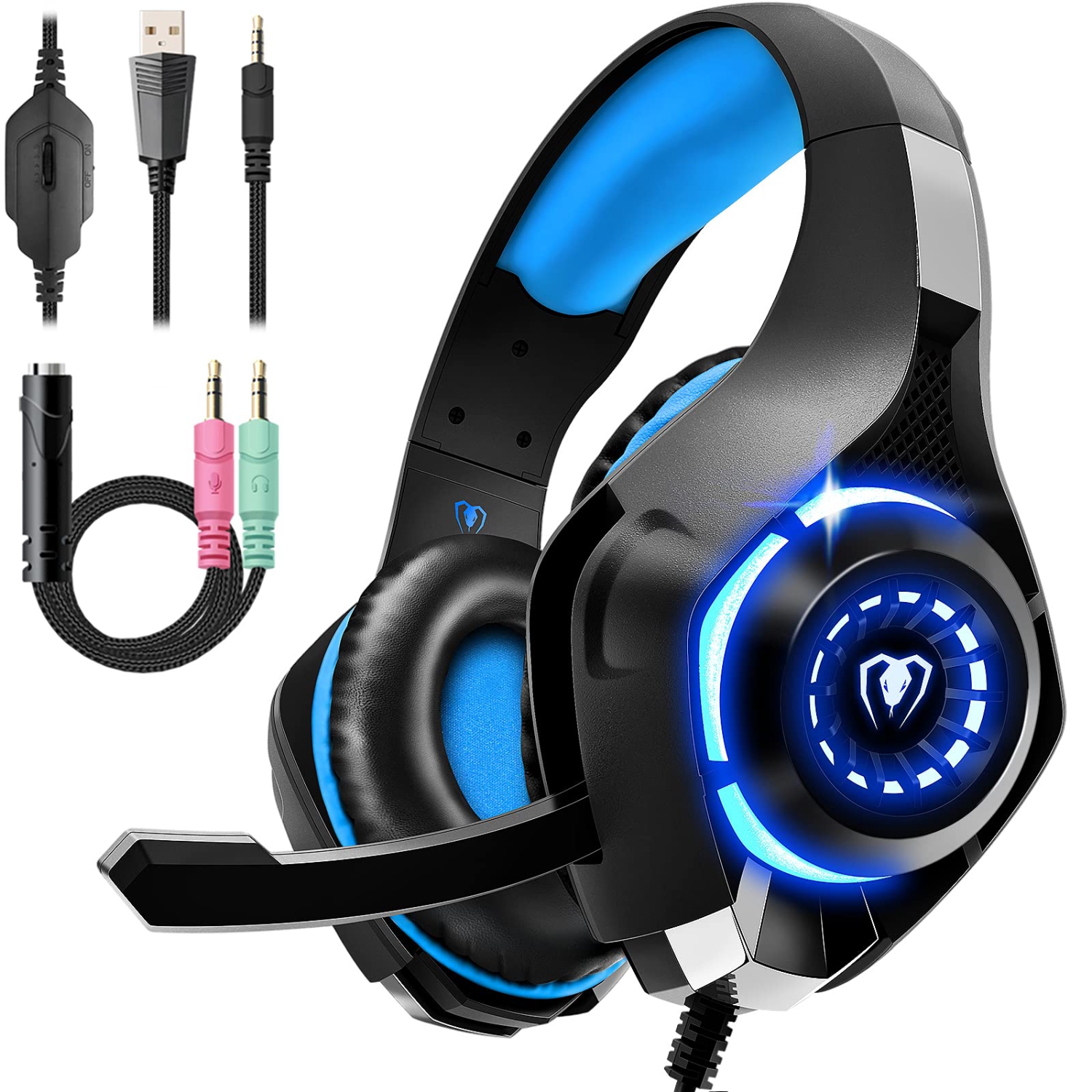 Gaming Headset for PS4 PS5 Xbox One, Over-Ear Gaming Headphones with Noise Reduction Mic Volume Control LED Light for PS5 PS