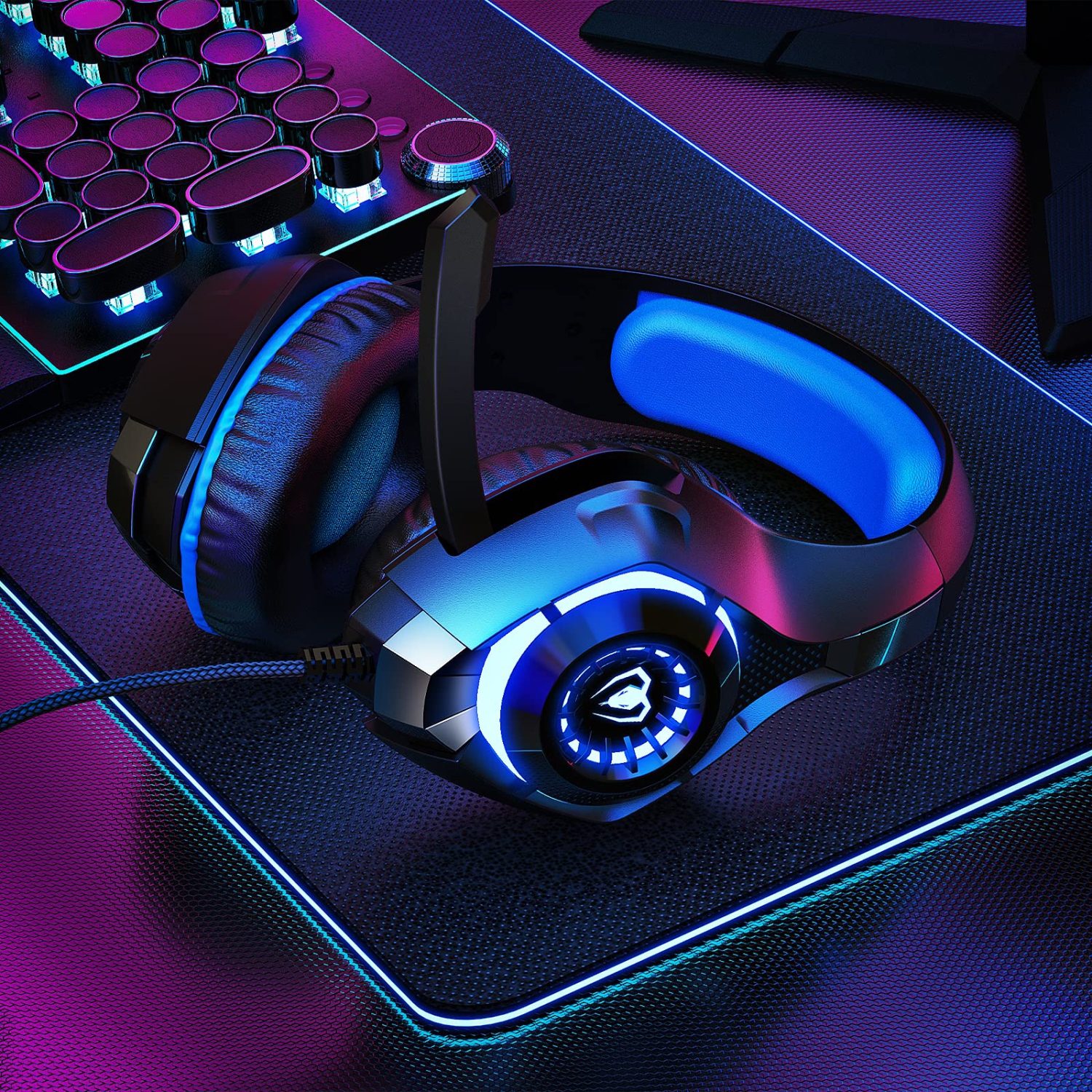 Gaming Headset for PS4 PS5 Xbox One, Over-Ear Gaming Headphones with Noise Reduction Mic Volume Control LED Light for PS5 PS