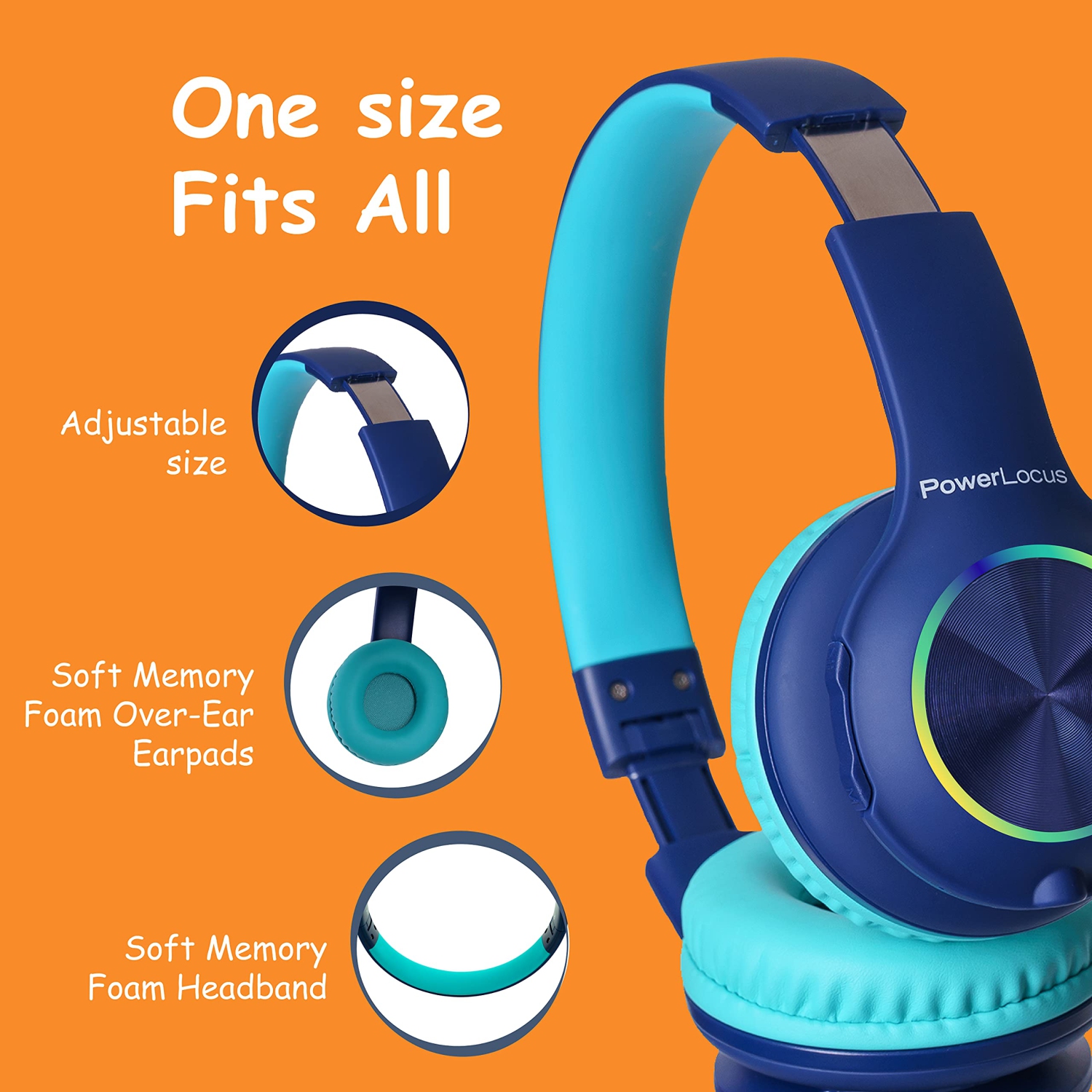 PowerLocus PLED Kids Headphones, Bluetooth Headphones Over Ear for Kids with LED Lights, 94db Volume Limited, Foldable with