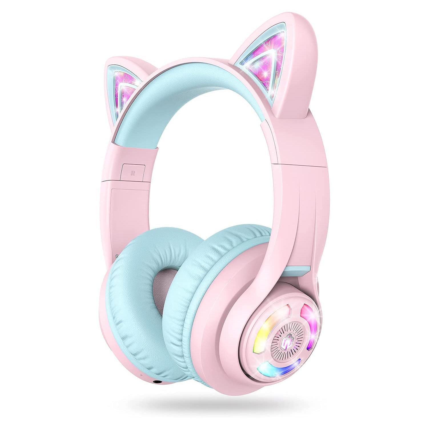 IClever – Casque d’écoute Bluetooth Cat avec microphone, casque d’écoute supra-auriculaire à DEL RVB avec microphone, limiteur de volume 74/85/94 dB,