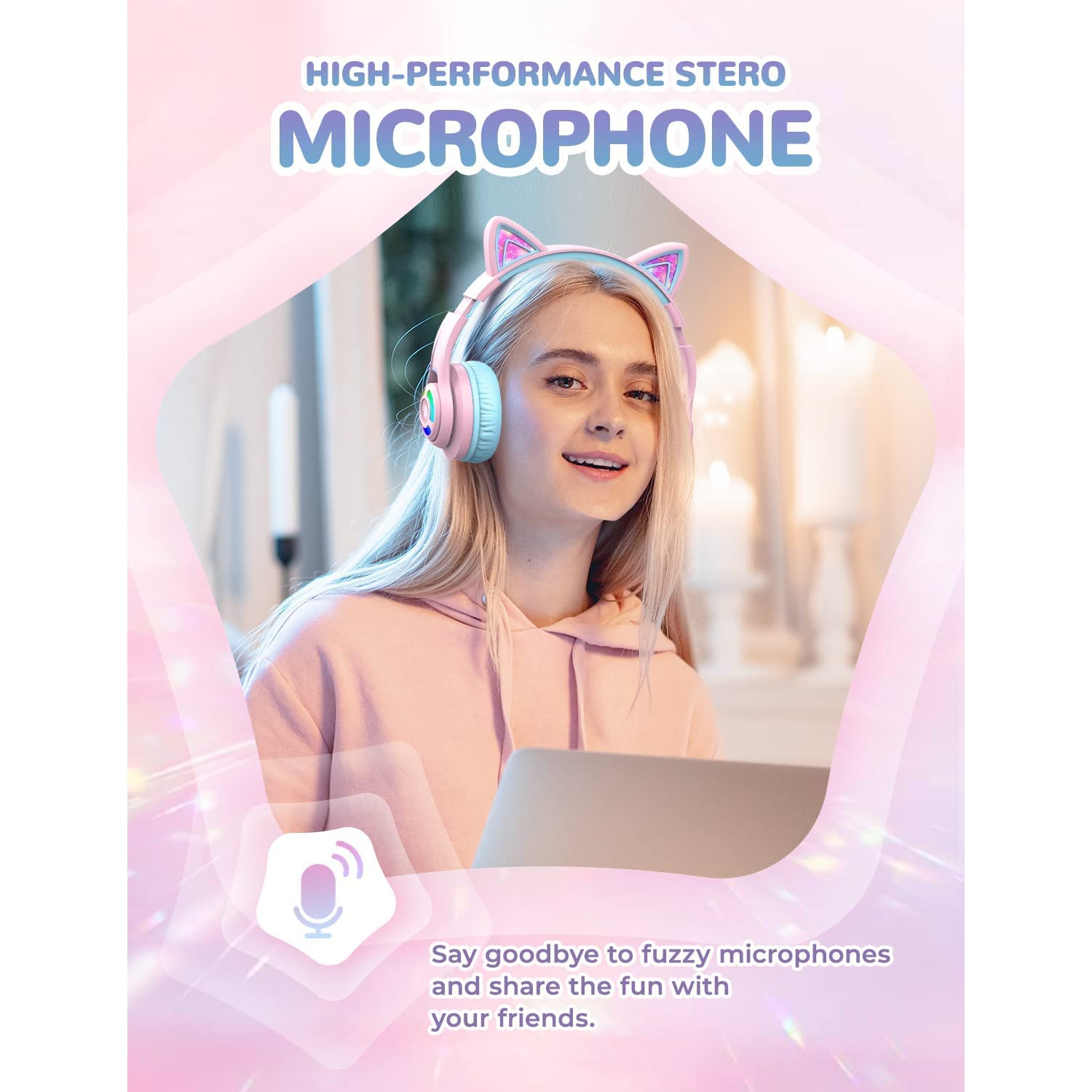 IClever – Casque d’écoute Bluetooth Cat avec microphone, casque d’écoute supra-auriculaire à DEL RVB avec microphone, limiteur de volume 74/85/94 dB,