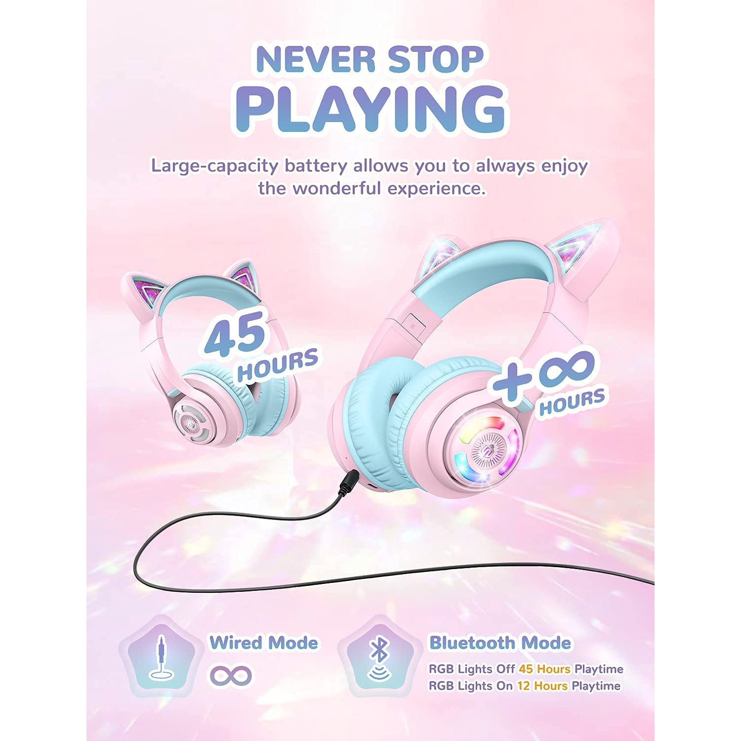 IClever – Casque d’écoute Bluetooth Cat avec microphone, casque d’écoute supra-auriculaire à DEL RVB avec microphone, limiteur de volume 74/85/94 dB,