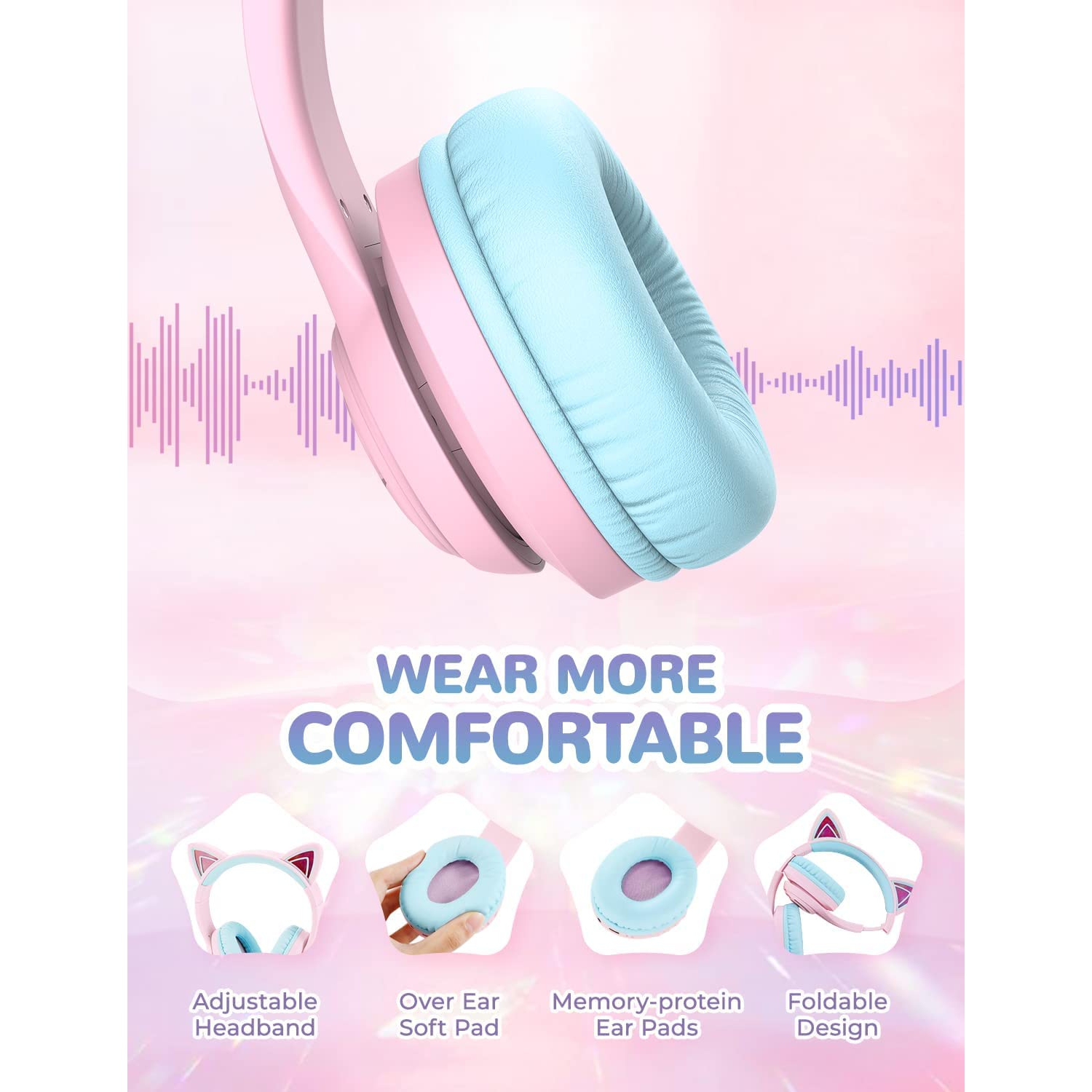 IClever – Casque d’écoute Bluetooth Cat avec microphone, casque d’écoute supra-auriculaire à DEL RVB avec microphone, limiteur de volume 74/85/94 dB,