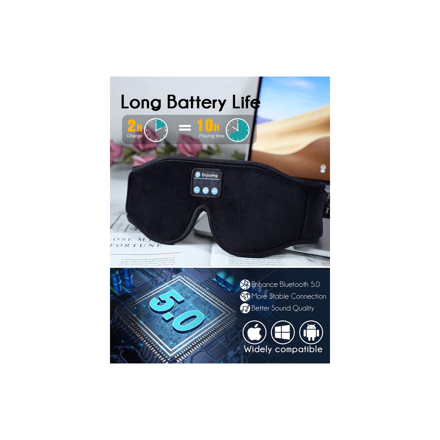 MUSICOZY Sleep Headphones Bluetooth Serre-tête Sleeping Travel Écouteurs Eye Mask for Women Men unisexe, masque musical sans fil micro intégré,