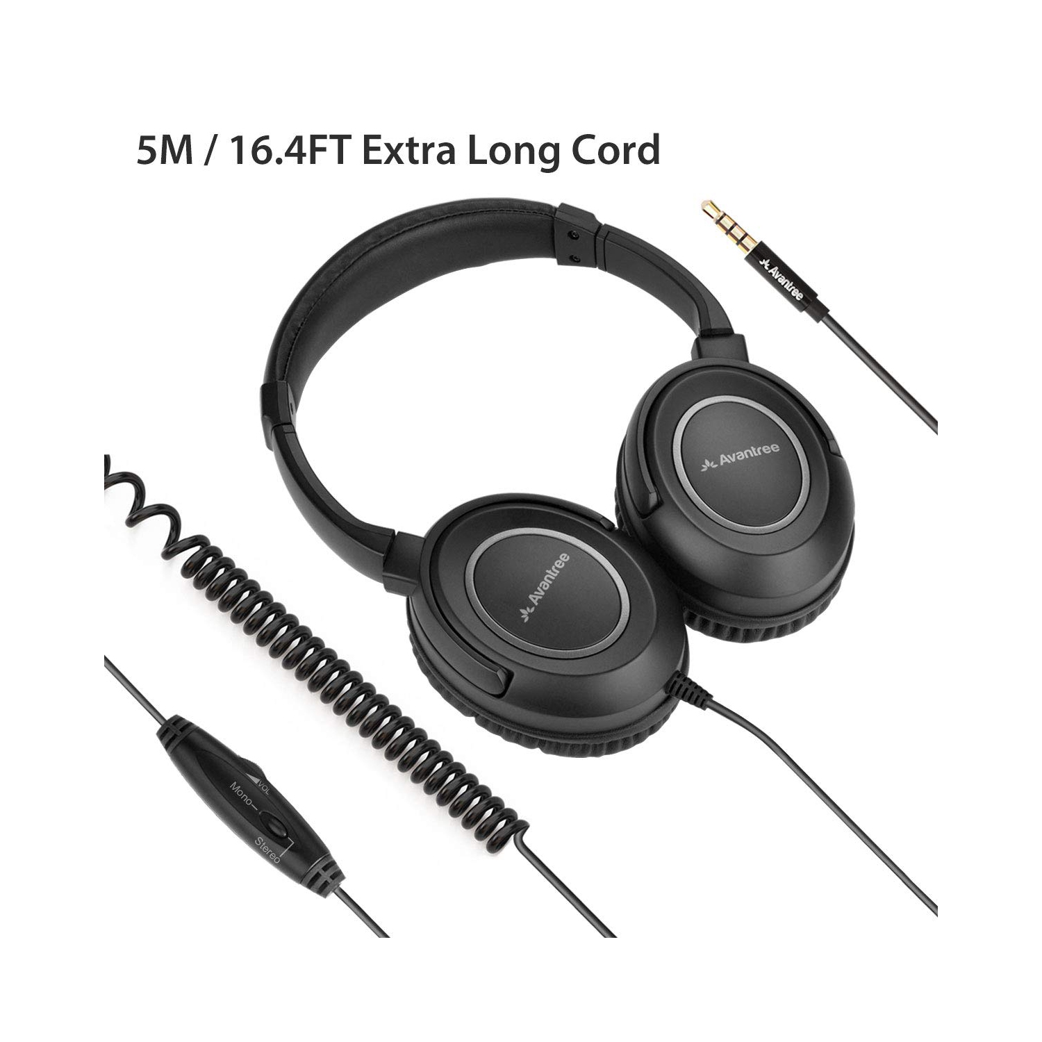 Casque d'écoute à cordon enroulé long pour téléviseur, câble à portée étendue de 16,4 pi/5M m, casque d'écoute, sortie audio 3,5&nbsp;mm, écouteurs