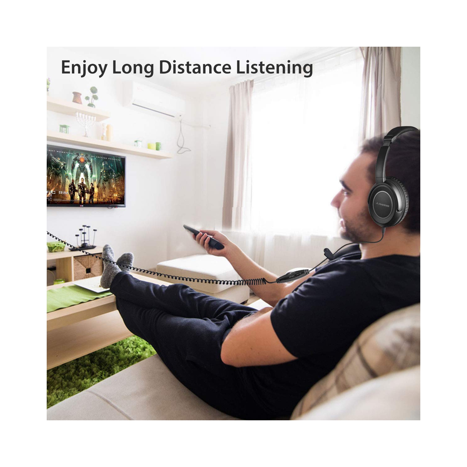 Casque d'écoute à cordon enroulé long pour téléviseur, câble à portée étendue de 16,4 pi/5M m, casque d'écoute, sortie audio 3,5&nbsp;mm, écouteurs