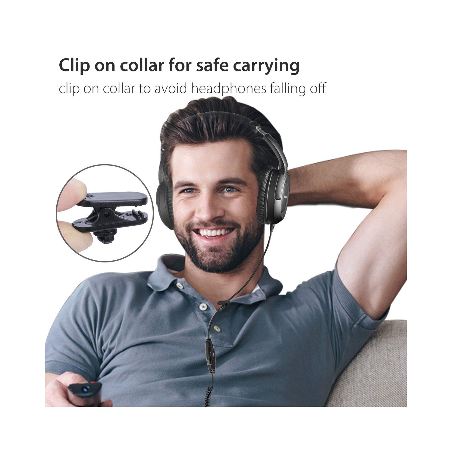 Casque d'écoute à cordon enroulé long pour téléviseur, câble à portée étendue de 16,4 pi/5M m, casque d'écoute, sortie audio 3,5&nbsp;mm, écouteurs