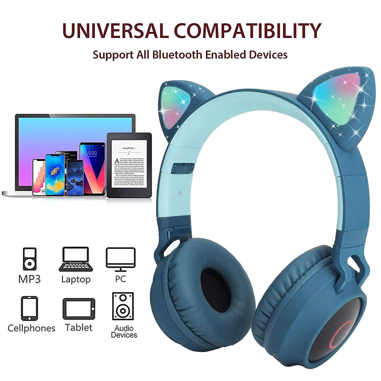 Kids Bluetooth Headphones, TNOIE LED Light Up Wireless Foldable Headphones, Over Ear Headsets with Microphone for Kindle/Sma