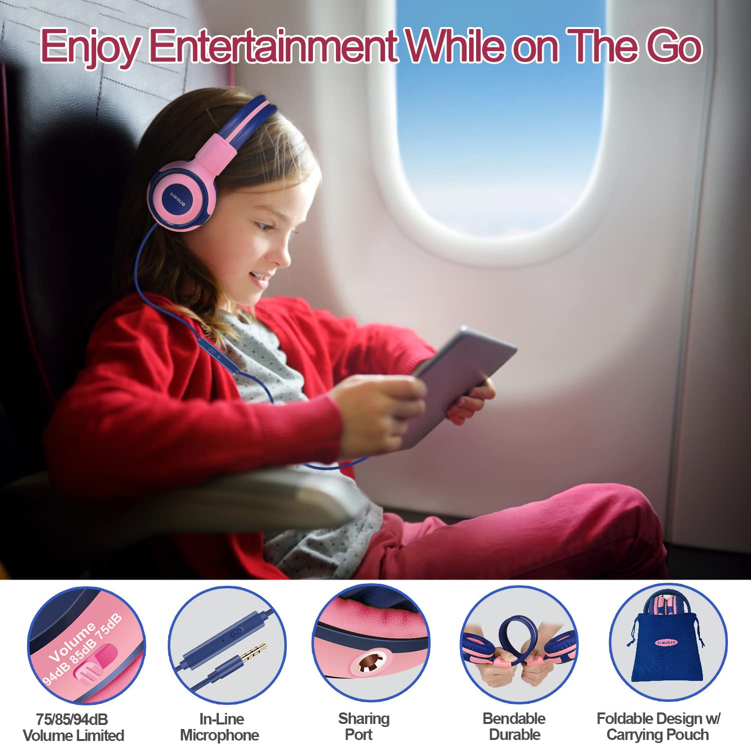 SIMOLIO Kids Headphones with 94dB,85dB,75dB Volume Limited & Share Jack, Headphones for Girls with Mic, Durable Children Hea