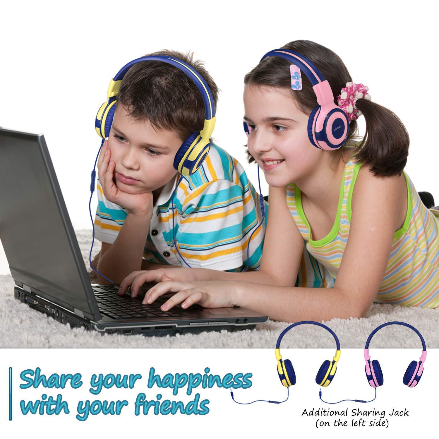 SIMOLIO Kids Headphones with 94dB,85dB,75dB Volume Limited & Share Jack, Headphones for Girls with Mic, Durable Children Hea