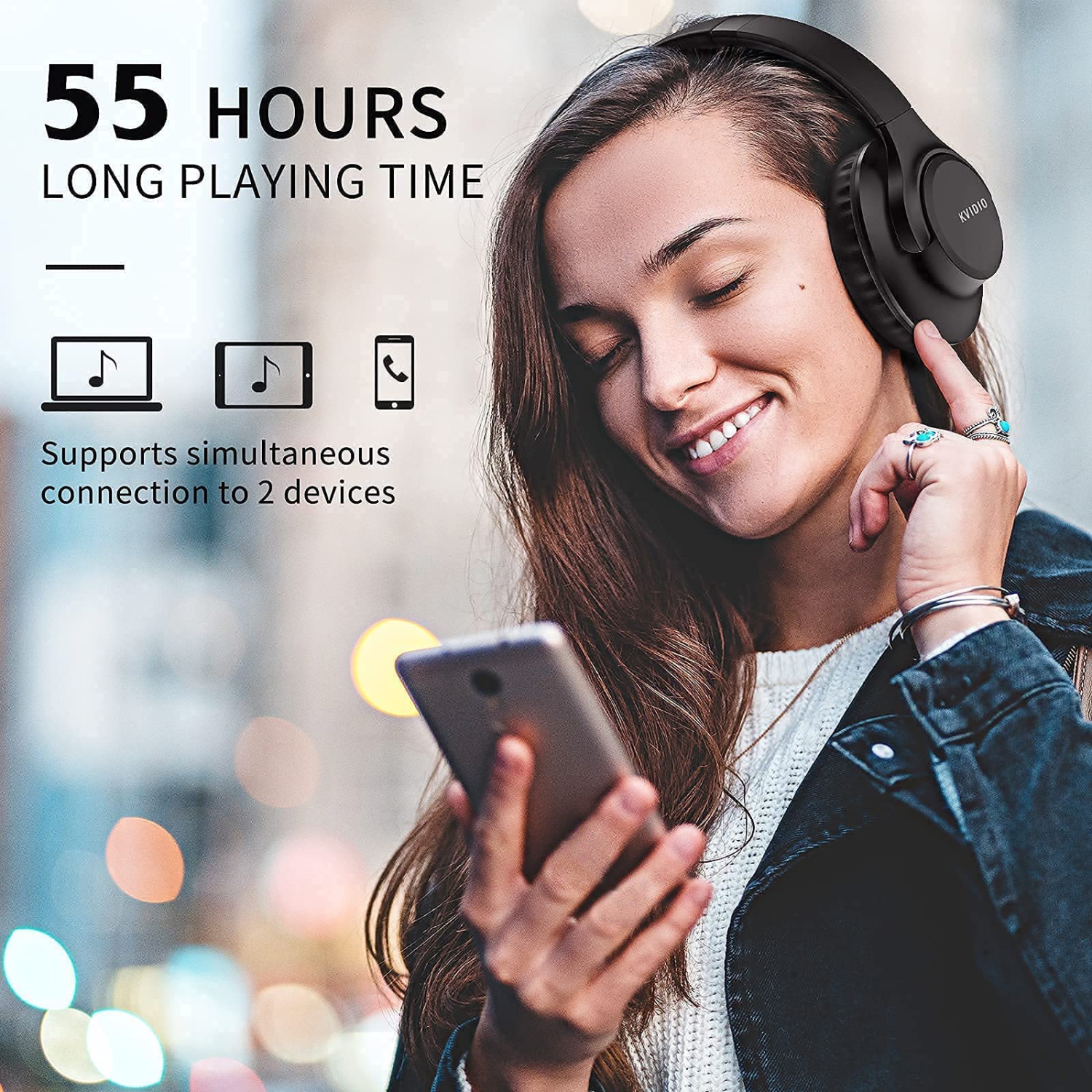 Bluetooth Headphones Over Ear, KVIDIO 55 Hours Playtime Wireless Headphones with Microphone, Foldable Lightweight Headset wi