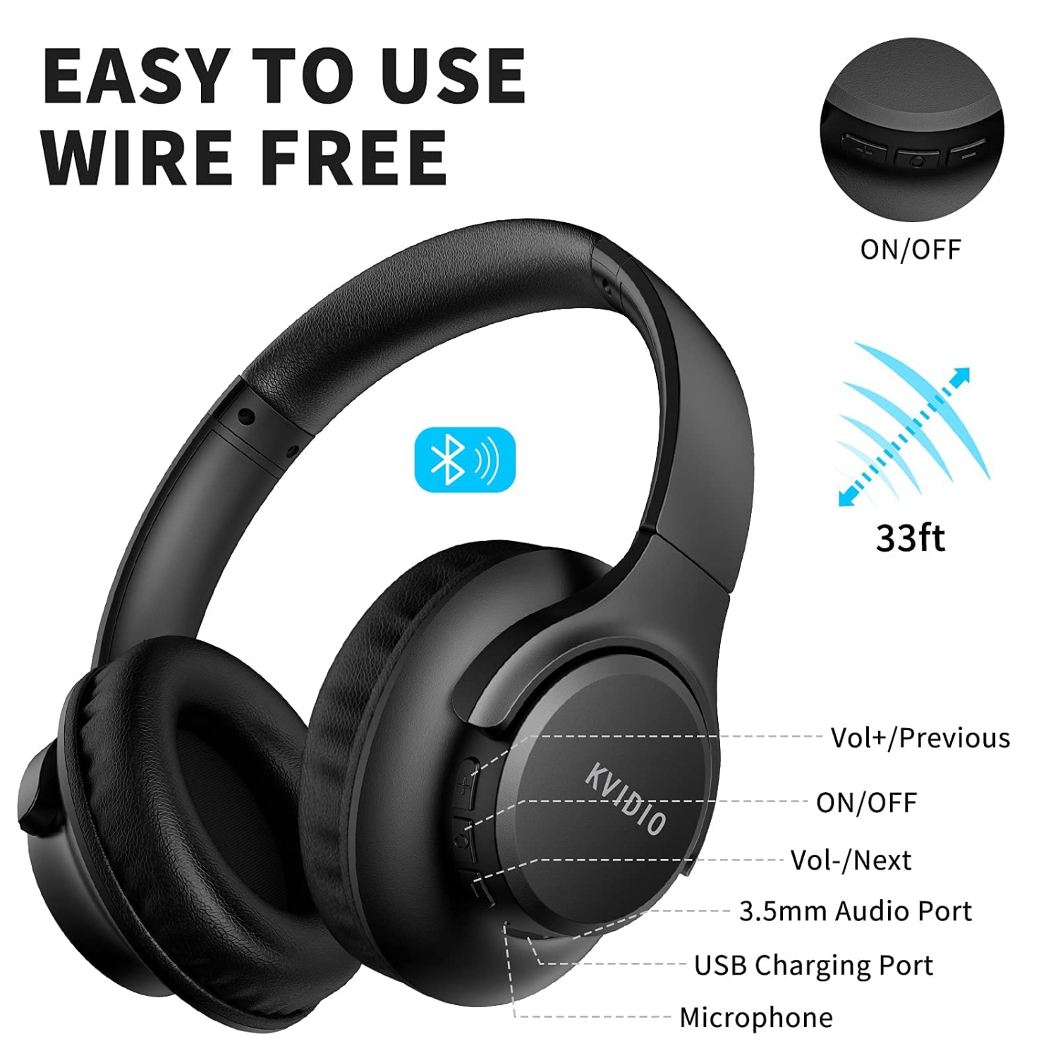 Bluetooth Headphones Over Ear, KVIDIO 55 Hours Playtime Wireless Headphones with Microphone, Foldable Lightweight Headset wi