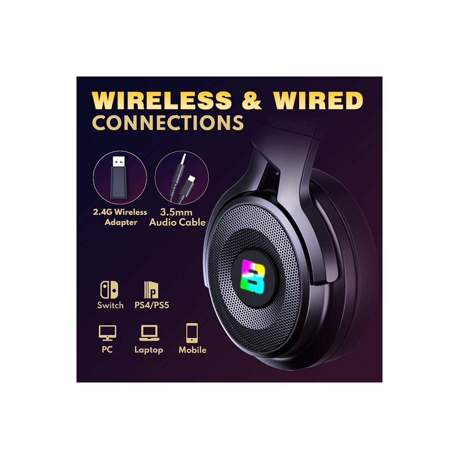 BENGOO 2.4G Wireless Gaming Headset Headphones with Microphone for PS4 PS5 PC, 3.5mm Wired for Controller, Noise Cancelling