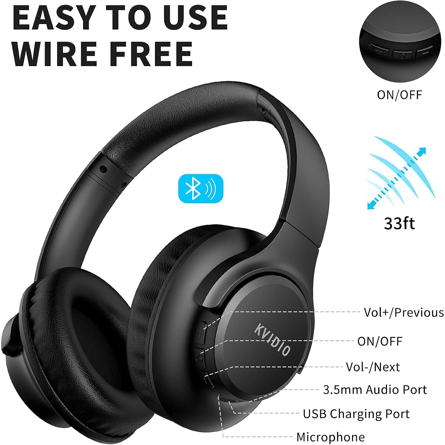 Bluetooth Headphones Over Ear, 65 Hours Playtime Wireless with Microphone, Foldable Lightweight Headset with Deep Bass HiFi Stereo Sound for Travel