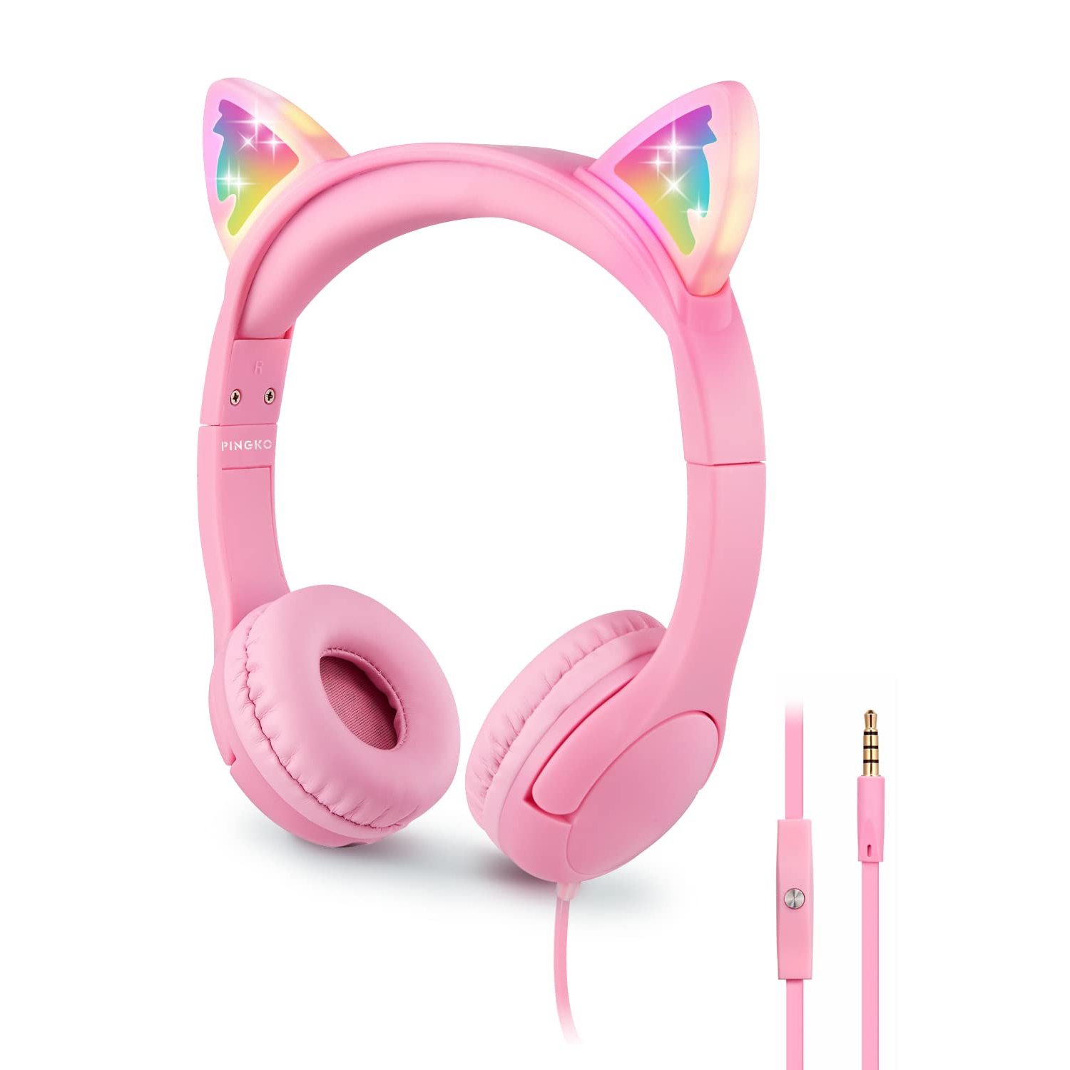 PINGKO Kids Headphones: Toddler Headphones with Microphone - Cat Ear Headphones for Girls Boys, LED Light 3.5mm Jack, 85db V