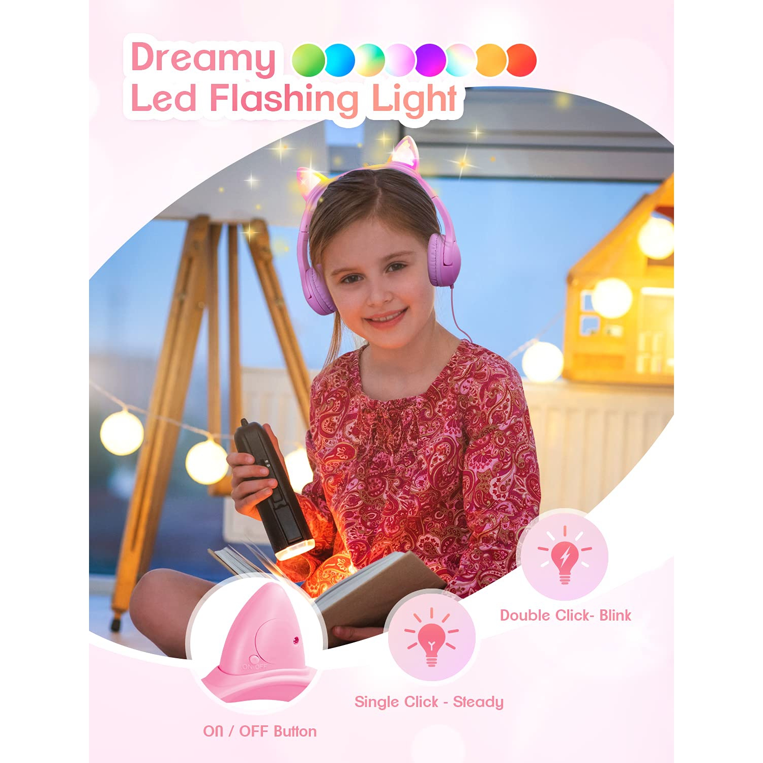 PINGKO Kids Headphones: Toddler Headphones with Microphone - Cat Ear Headphones for Girls Boys, LED Light 3.5mm Jack, 85db V