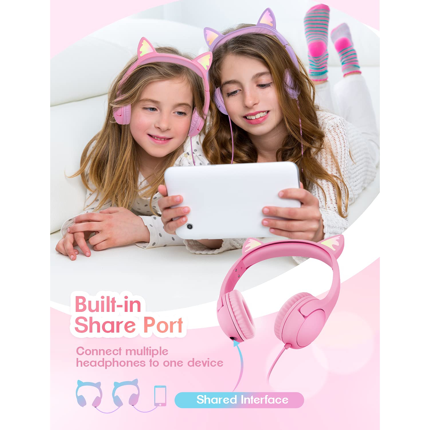 PINGKO Kids Headphones: Toddler Headphones with Microphone - Cat Ear Headphones for Girls Boys, LED Light 3.5mm Jack, 85db V