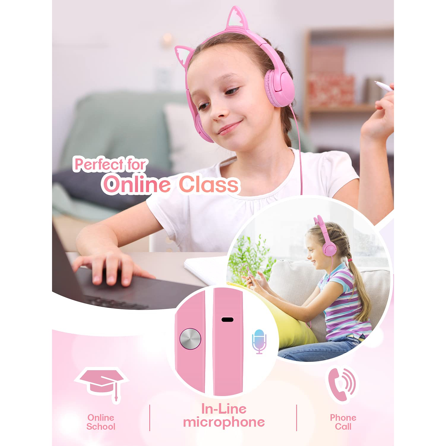 PINGKO Kids Headphones: Toddler Headphones with Microphone - Cat Ear Headphones for Girls Boys, LED Light 3.5mm Jack, 85db V