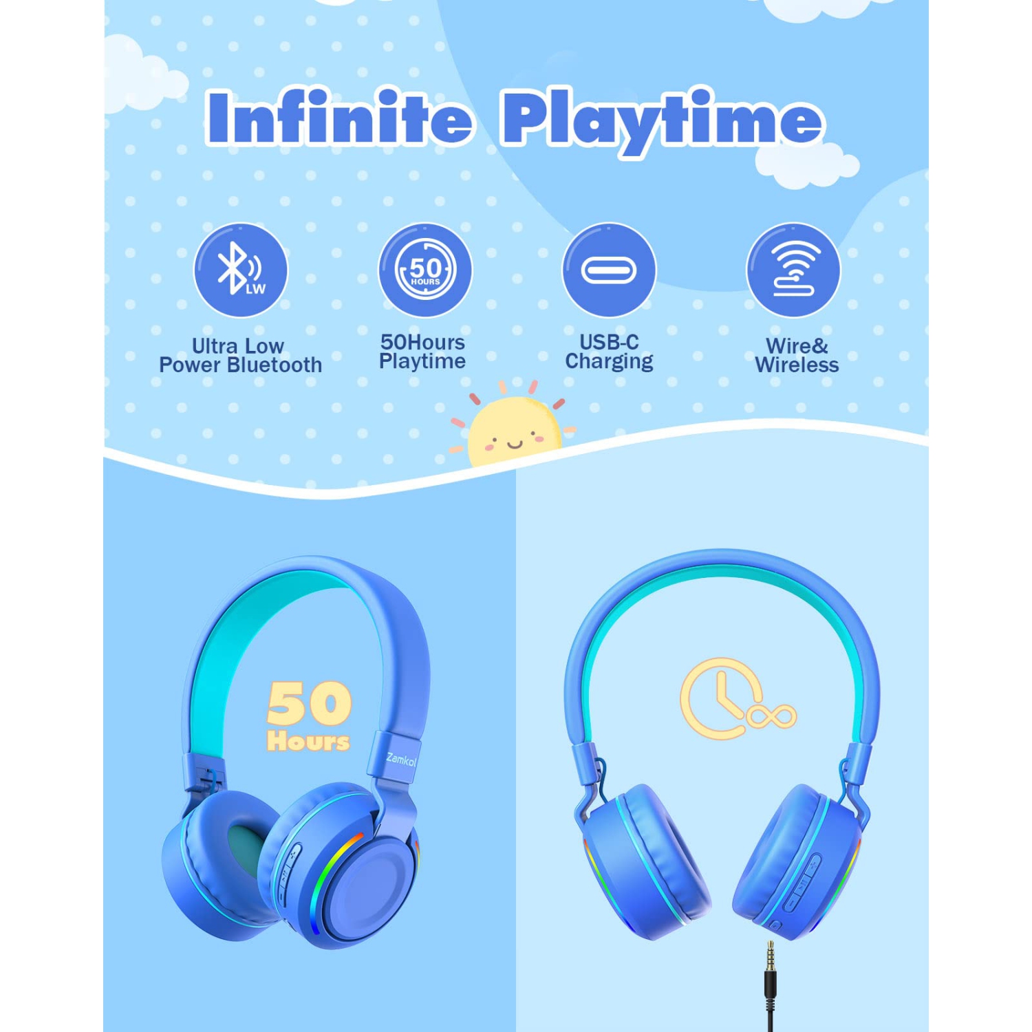 Kids Bluetooth Headphones with Microphone, Zamkol Colorful LED Lights Kids Headphones Wireless, 50H Playtime, Stereo Sound,