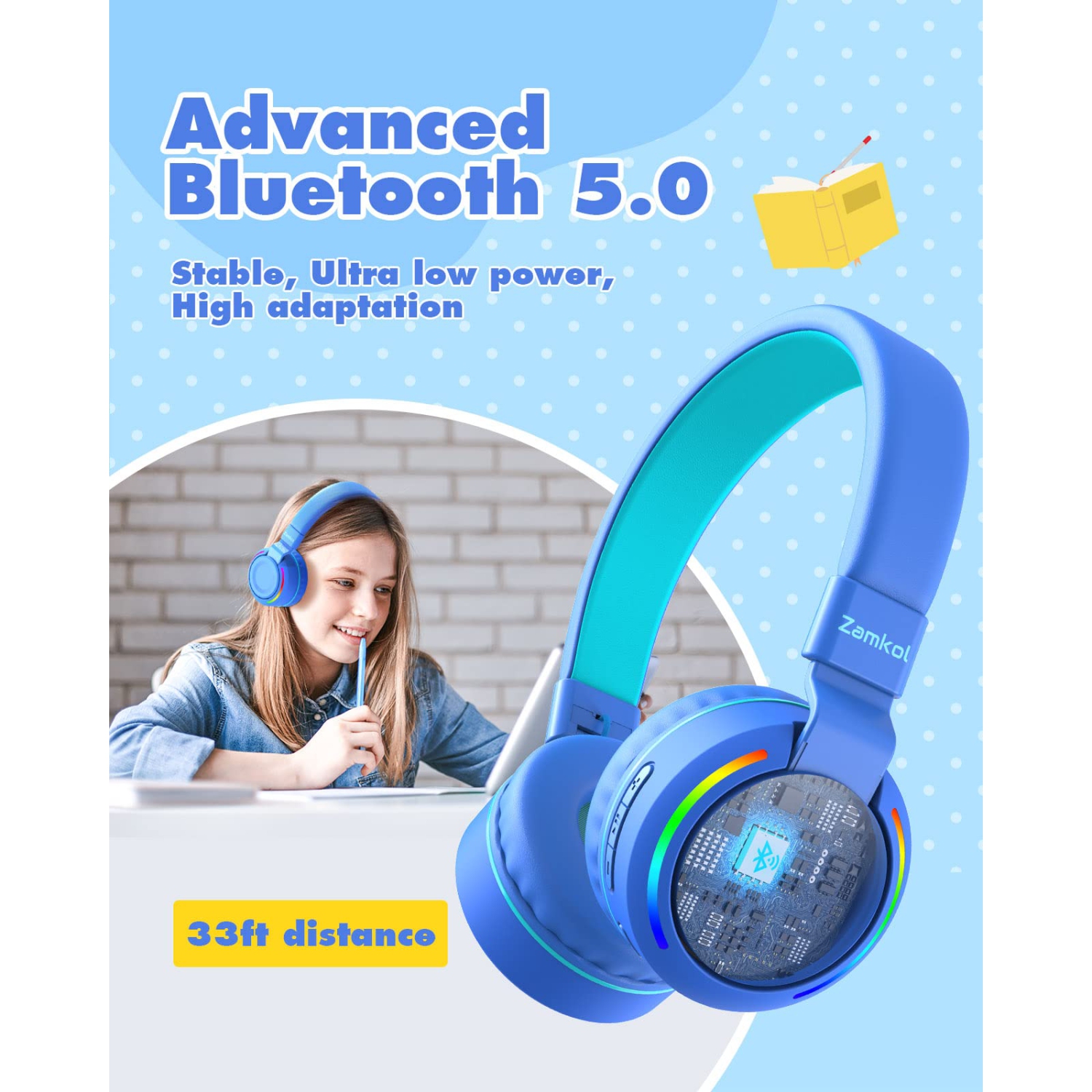Kids Bluetooth Headphones with Microphone, Zamkol Colorful LED Lights Kids Headphones Wireless, 50H Playtime, Stereo Sound,