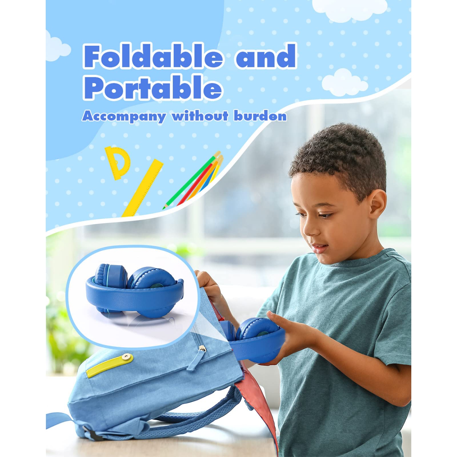 Kids Bluetooth Headphones with Microphone, Zamkol Colorful LED Lights Kids Headphones Wireless, 50H Playtime, Stereo Sound,