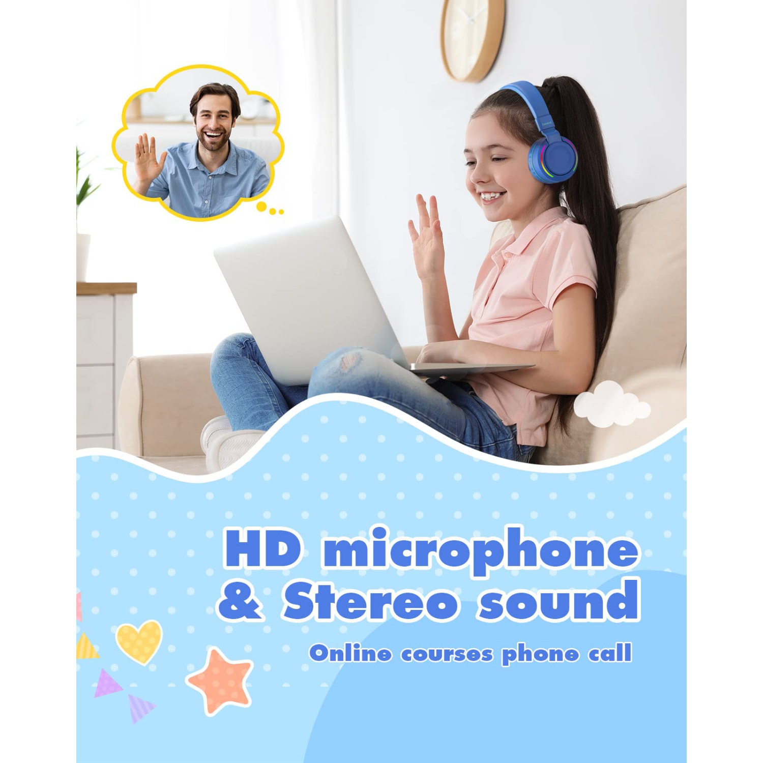 Kids Bluetooth Headphones with Microphone, Zamkol Colorful LED Lights Kids Headphones Wireless, 50H Playtime, Stereo Sound,