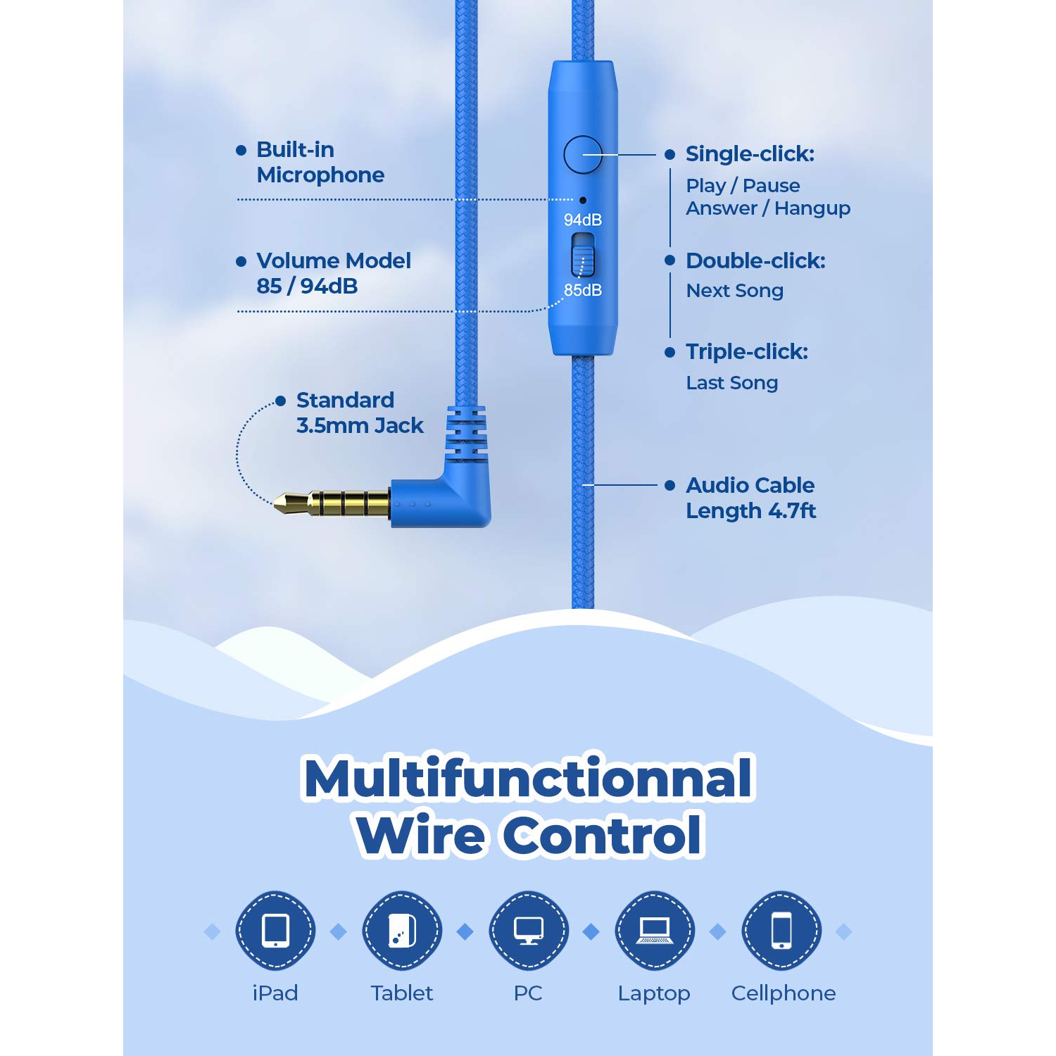 HS19 Kids Headphones with Microphone for School, Volume Limiter, Over-Ear Girls Boys Headphones for Kids with Shareport, Foldable Wired Headphones