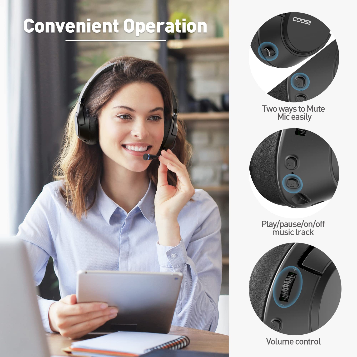 Casque d’écoute sans fil Bluetooth avec microphone H300 de COOSII, casque d’écoute avec suppression du bruit environnemental rétractable