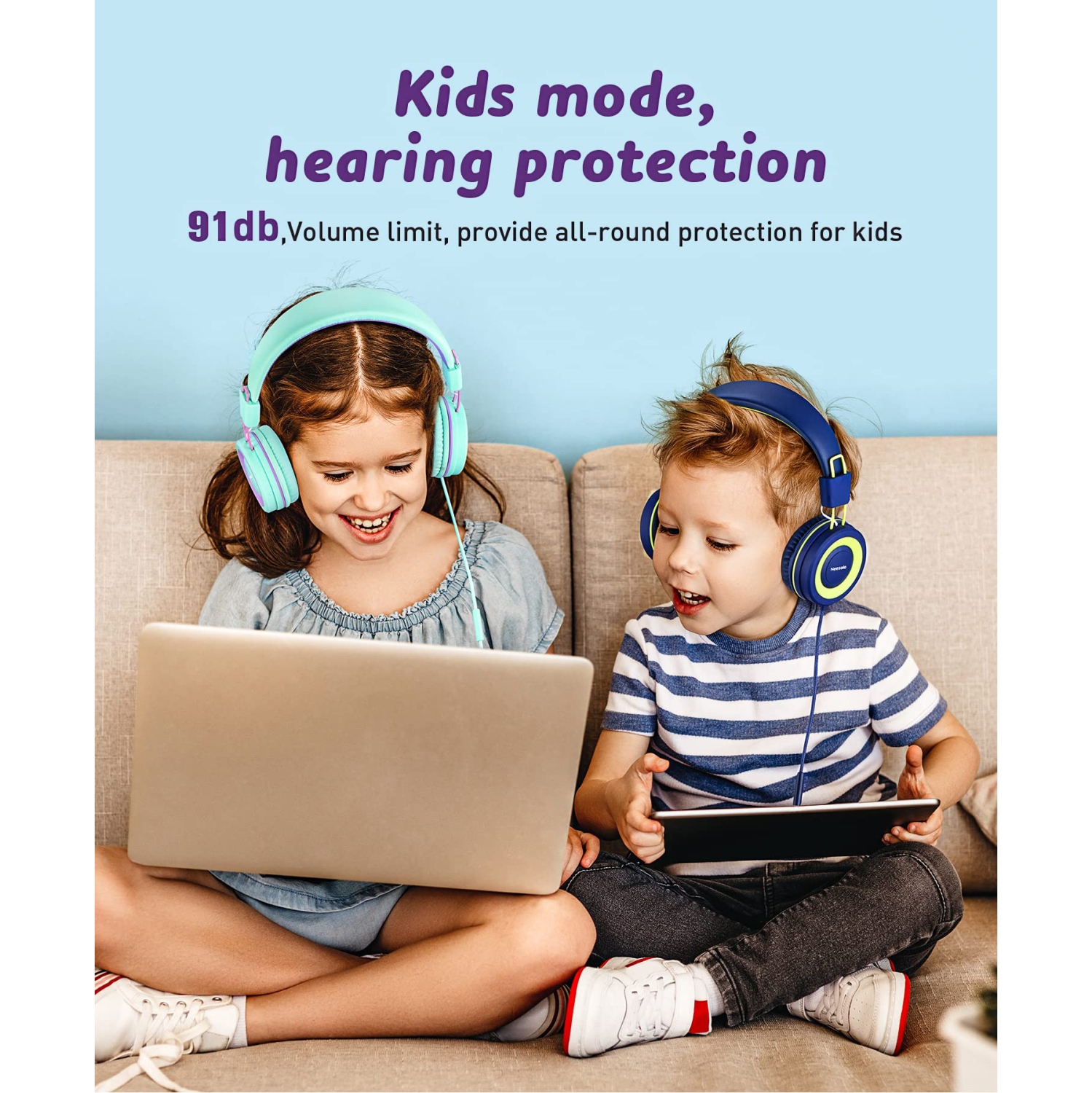 Neesolo Kids Headphones 2 Pack, Wired Headphones for Kids with Microphone, 91dB Volume Limit Toddler Headphones, Foldable Ch