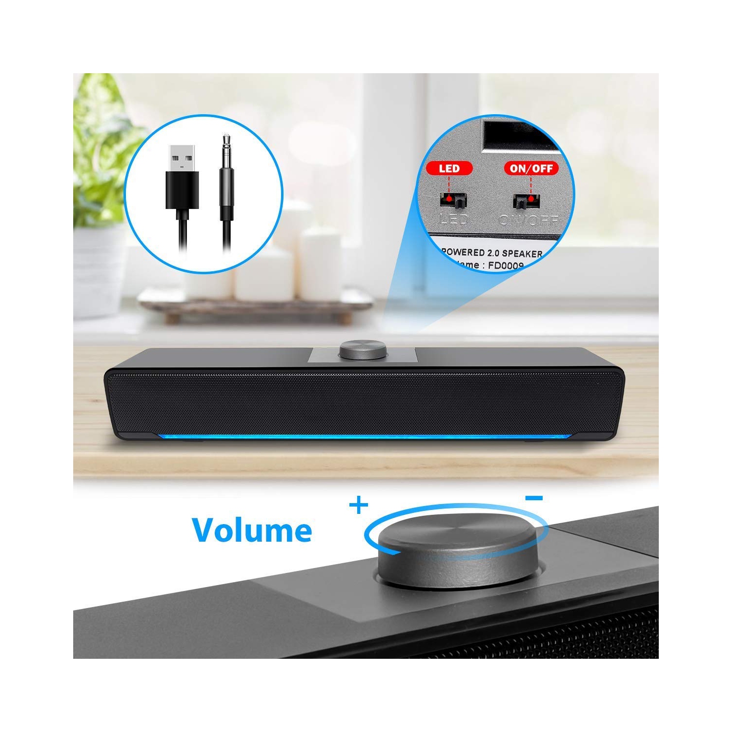 Haut-parleur d’ordinateur, barre de son avec fil Aufine, 2.0 haut-parleurs stéréo alimentés par USB avec lumière DEL bleue et connexion auxiliaire de