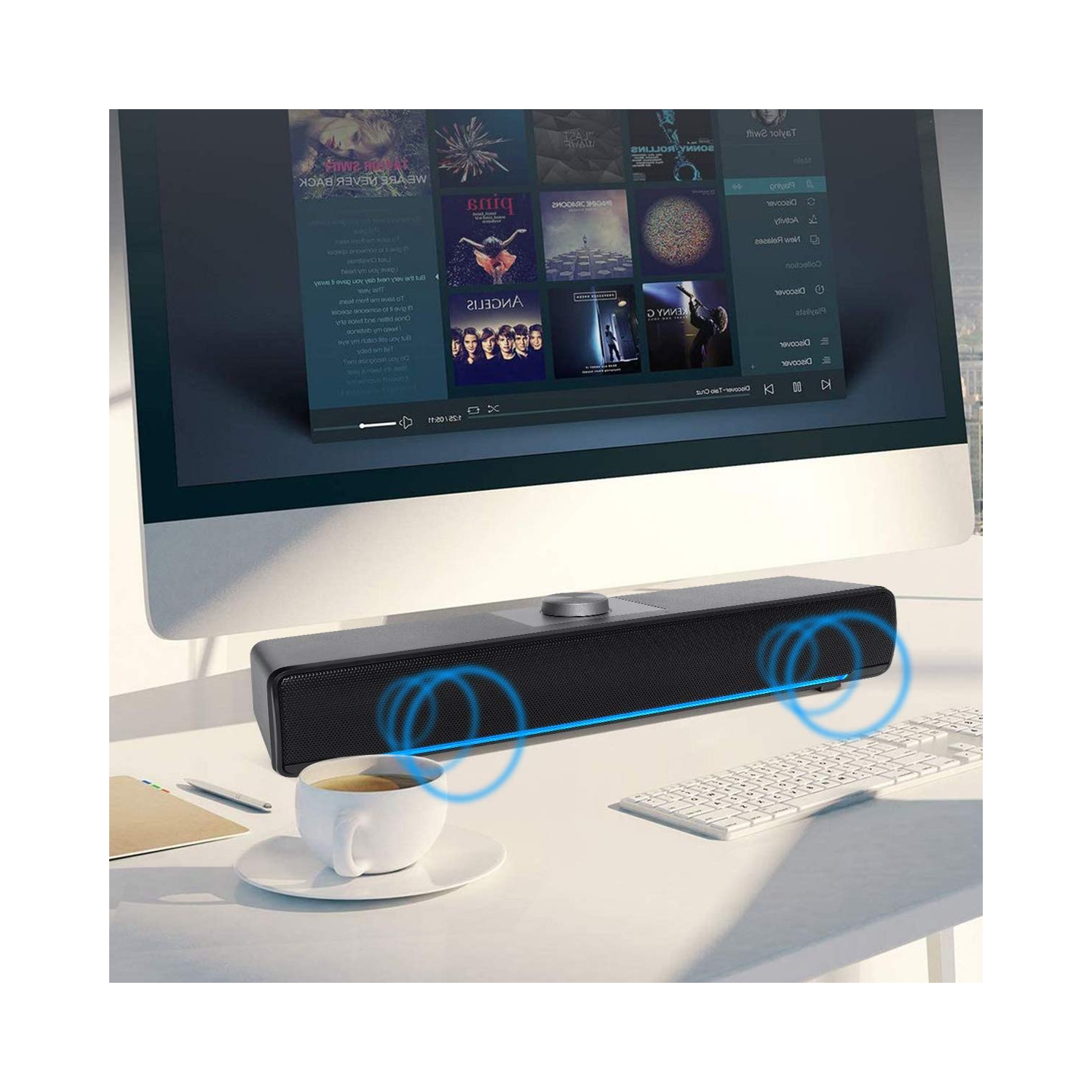 Haut-parleur d’ordinateur, barre de son avec fil Aufine, 2.0 haut-parleurs stéréo alimentés par USB avec lumière DEL bleue et connexion auxiliaire de