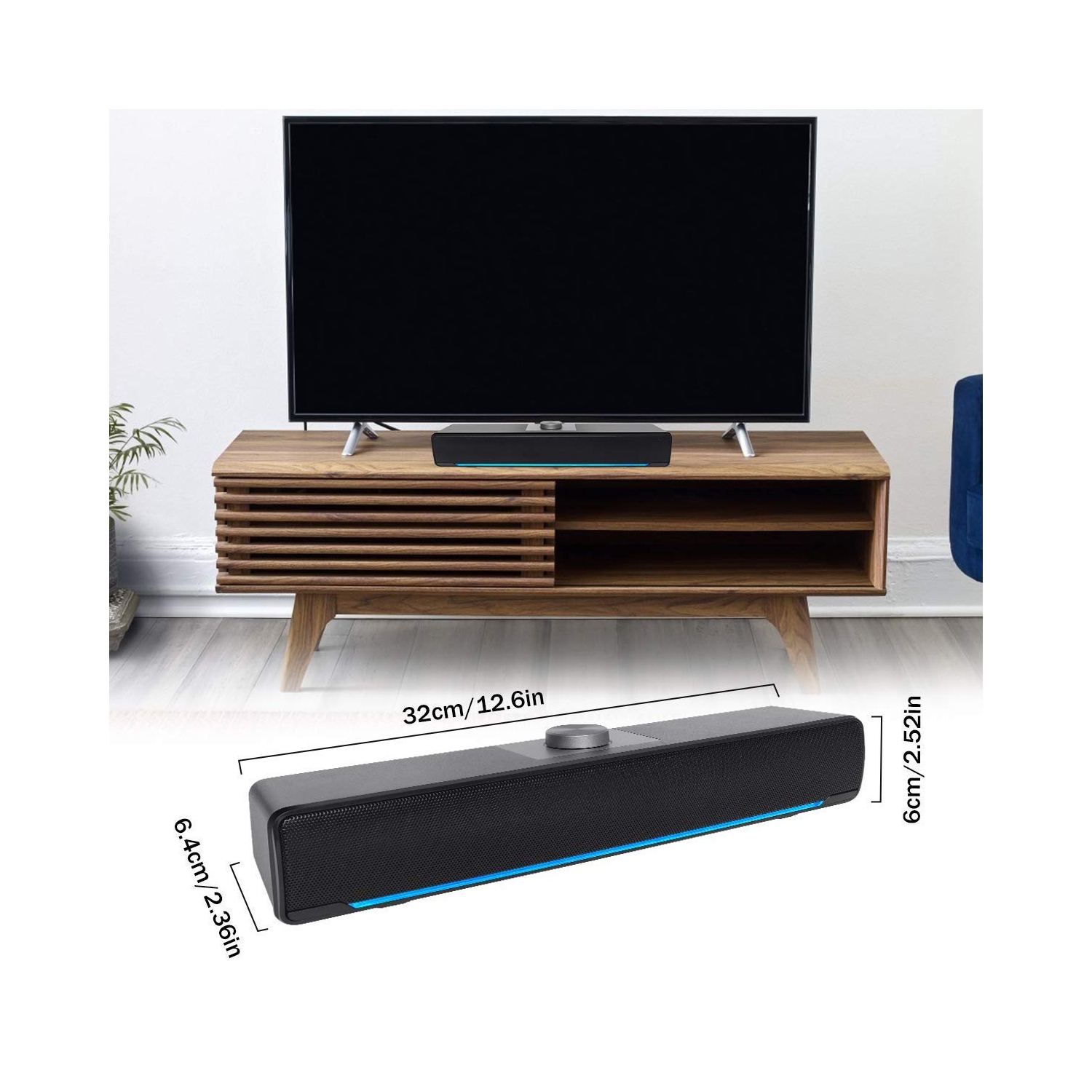 Haut-parleur d’ordinateur, barre de son avec fil Aufine, 2.0 haut-parleurs stéréo alimentés par USB avec lumière DEL bleue et connexion auxiliaire de