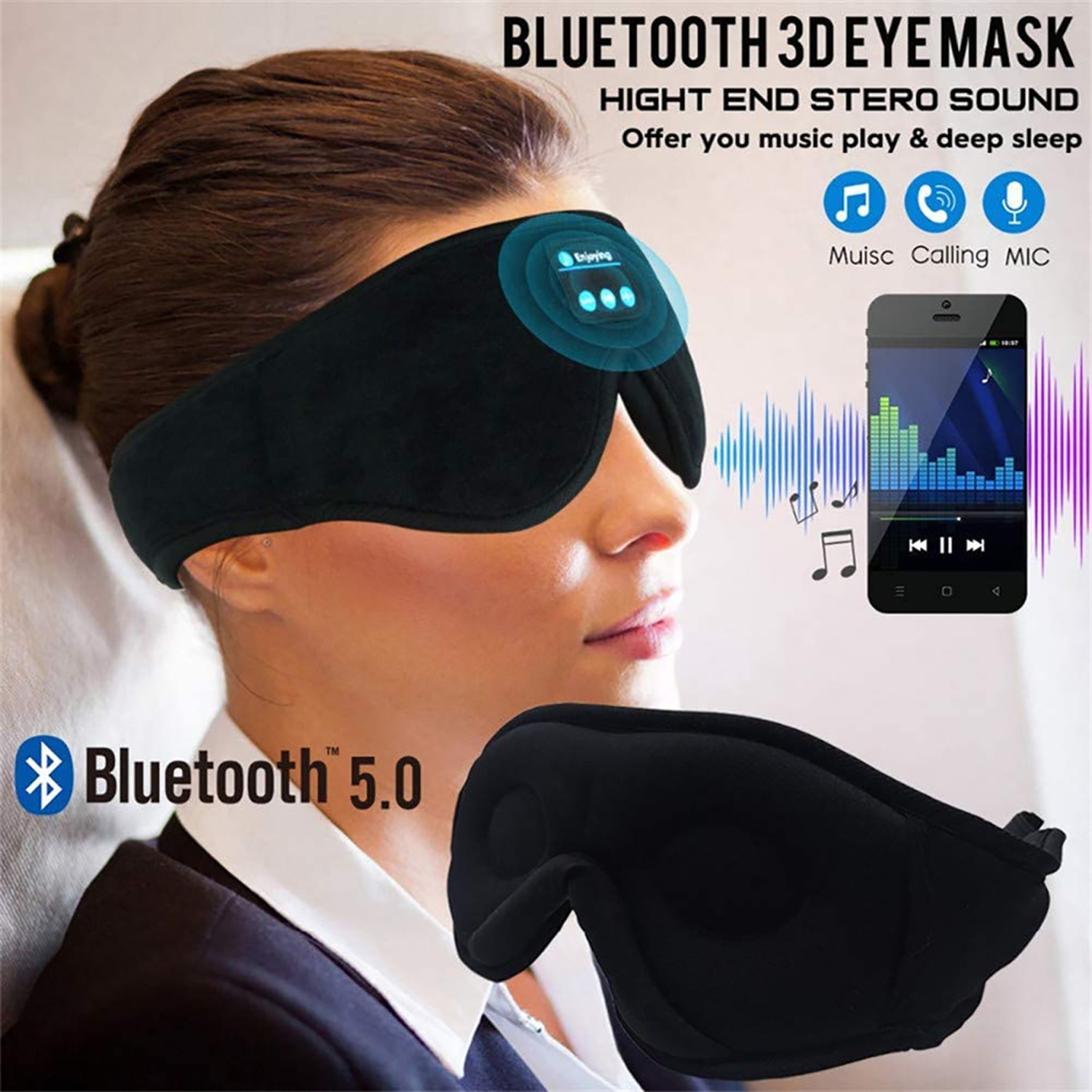 Bluetooth 5.0 Sleep Headphones Eye Mask for Sleeping, 3D Ergonomic Design Wireless Music Sleep Mask with Stereo Sound, Mic, Noise Reduction,