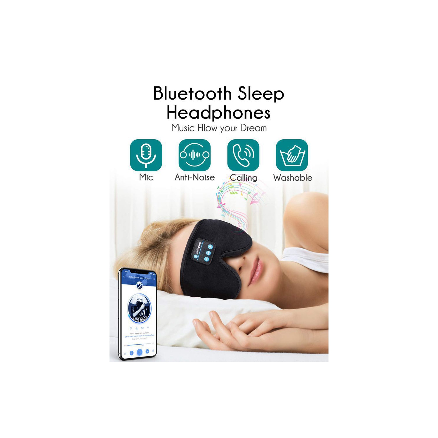 Bluetooth 5.0 Sleep Headphones Eye Mask for Sleeping, 3D Ergonomic Design Wireless Music Sleep Mask with Stereo Sound, Mic, Noise Reduction,